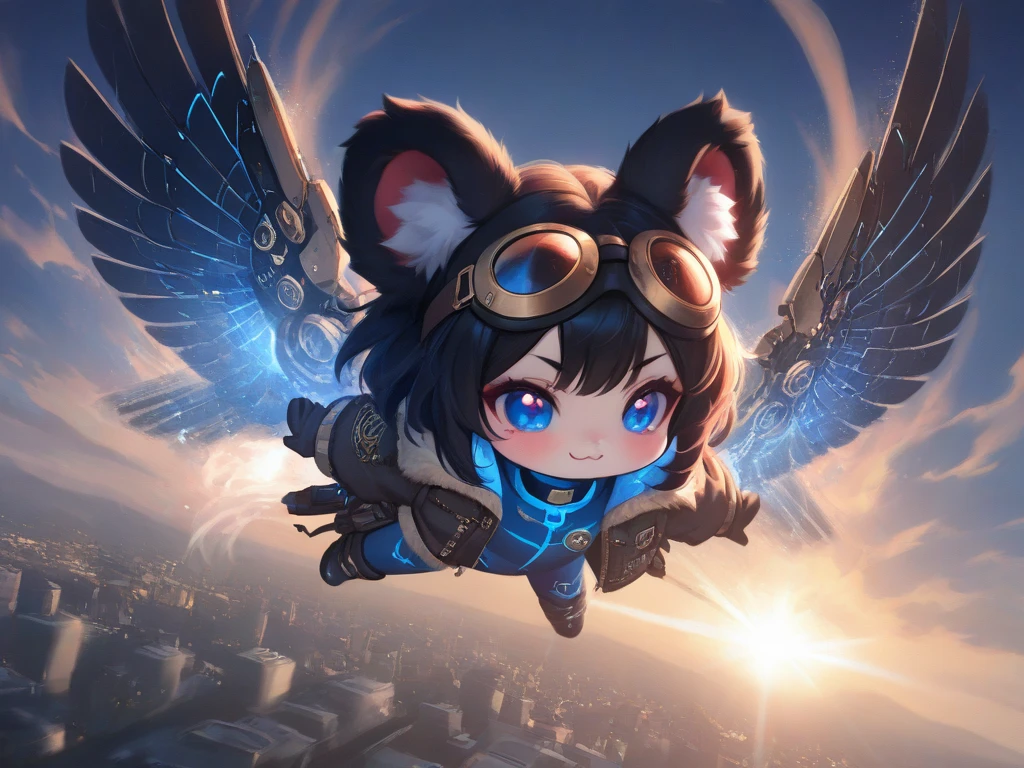 (solo:1.2),1girl\(big smile, cute, (chibi:1.2), big eye, (red eye:1.2), black fluffy furry Koala ears, hair\(short hair,black hair, (inner colored blue:1.3)\), (big wings\(classical (steam-punk:1.2) mechanical wing\):1.2), (worn-out flight jacket\(top-gun\):1.2), pilot-suit, leather short boots, holster at legs, steam-punk pilot goggles, dynamic pose,(flying:1.3), at sky\). dynamic angle, longshot. BREAK .background\(high altitude sky, futuristic airplanes, futuristic cityscape.screen cap of steampunk movie\). BREAK .quality\(8k,wallpaper of extremely detailed CG unit, high resolution, top-quality, top-quality real texture skin, hyper realistic, increase the resolution, RAW photos, best quality, highly detailed, the wallpaper, golden ratio, high saturation realism, vibrant colors, dramatic lighting, persuasive storytelling, atmospheric scenery, captivating visuals, intricate details, strong emotions, dreamlike world\).(motion blur:1.3)