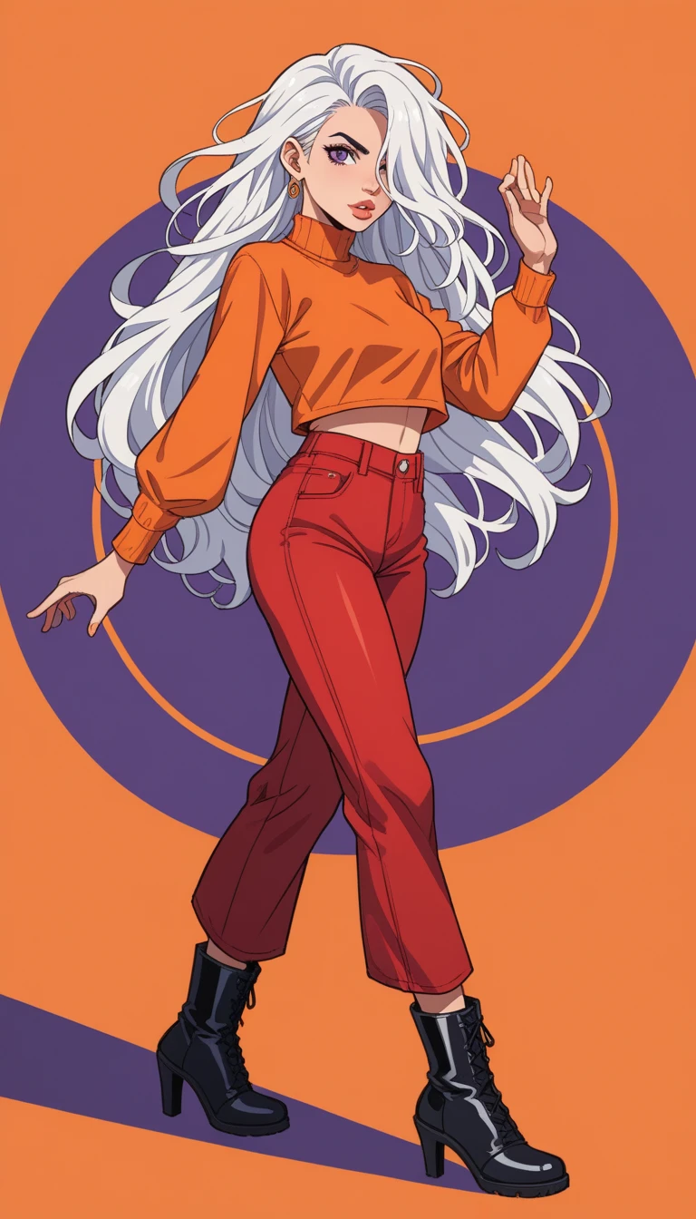 1  ,    white hair long and disheveled hair  ,  purple eyes ,   hair covering one eye    ,  (  orange blouse with neckline ,  long red pants tight pants on the hip black high heel boots  ),    big boobs ,   perfect eyes  ,  olhos grandes  ,     upturned nose,Clean face,oval face,  full lips  ,dynamic pose standing , Dancing pose. Create a colorful and psychedelic background that is a reference to the 1970s
