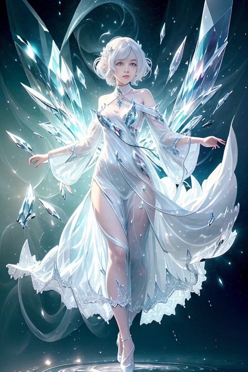 (Masterpiece, Top Quality, Best, Official Art, Beautiful and Aesthetic, Long Exposure: 1.2), Smooth Movement, Charming Patterns, 1 Girl, (Long Dress with Sleeves: 1.3), (((White Clothes) )), upper body close-up, bare shoulders, Chinese girl, blush, black lob hair, portrait, solo, upper body, looking at the observer, detailed background, detailed face, (crystallineAI, crystalline theme:1.1), elemental wind elves, rotation Wind, control the wind, white crystal clothing, dynamic pose, floating particles, ethereal dynamics, whirlwind, vapor, whirlwind in the background, white tone, whirlwind, ethereal atmosphere,