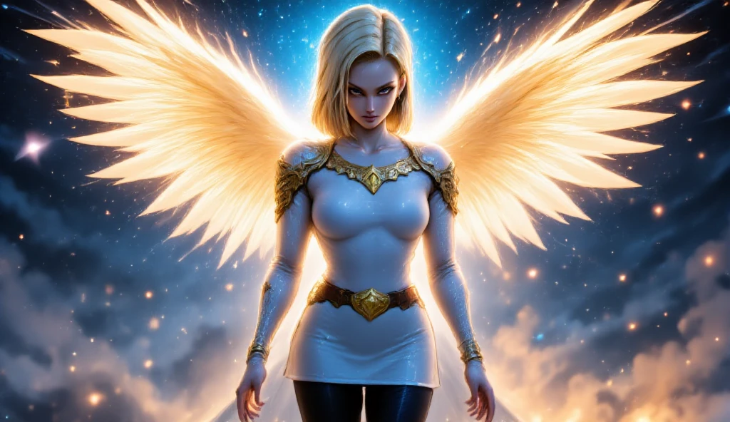 android c 18 as a holy arch angel in beautiful armor and holy magic aura with huge wings, the left wing is water wing and right wing is fire wing