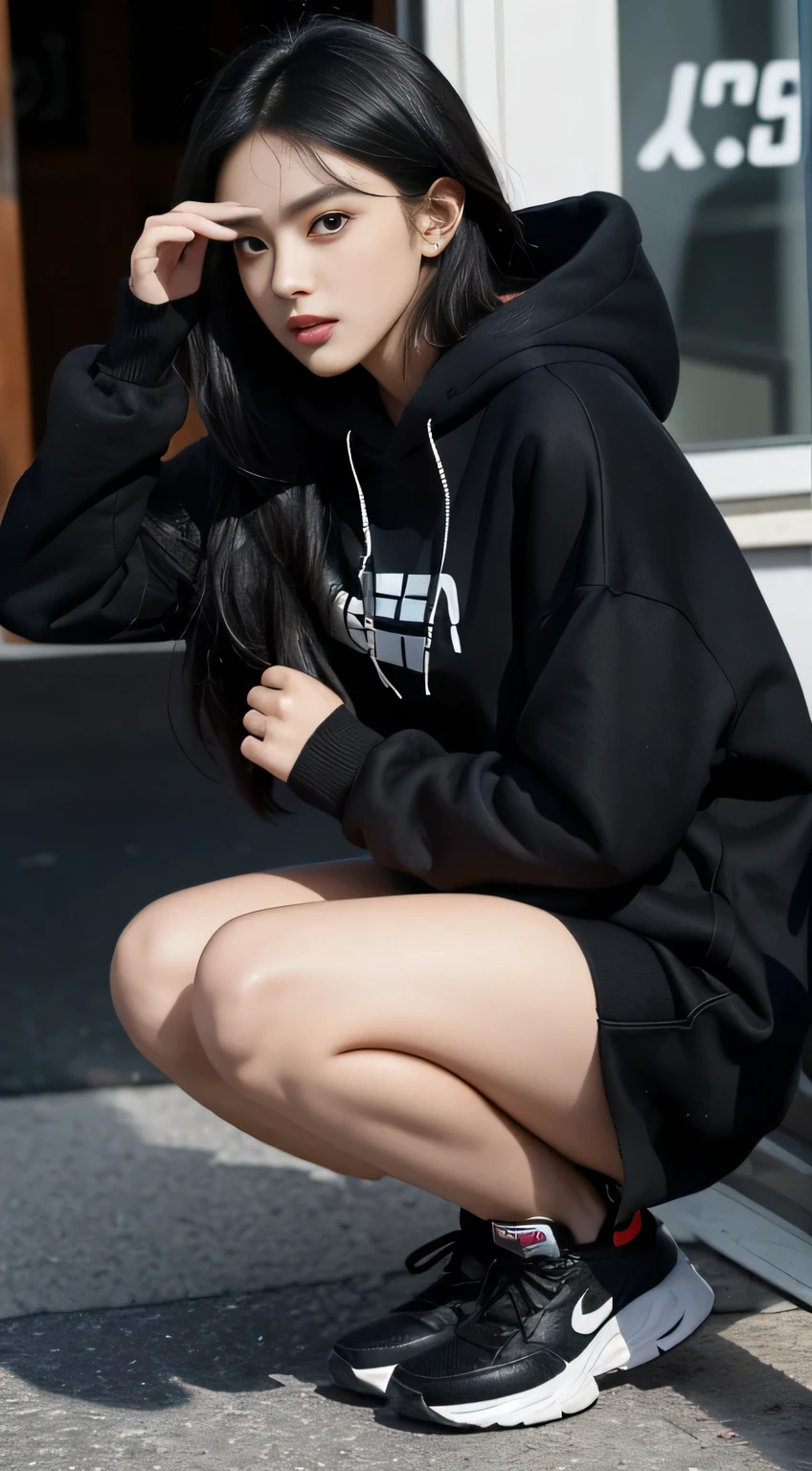 raw photo, intricate details, textured skin, dynamic pose, shot from below, 1girl, sitting on ground, slim body, pale skin, delicate face, messy hair, freckles, black oversized hoody, one underboob, small waist, (wide thigh gap:1.3), cameltoe, barefoot, best quality, 16k, masterpiece