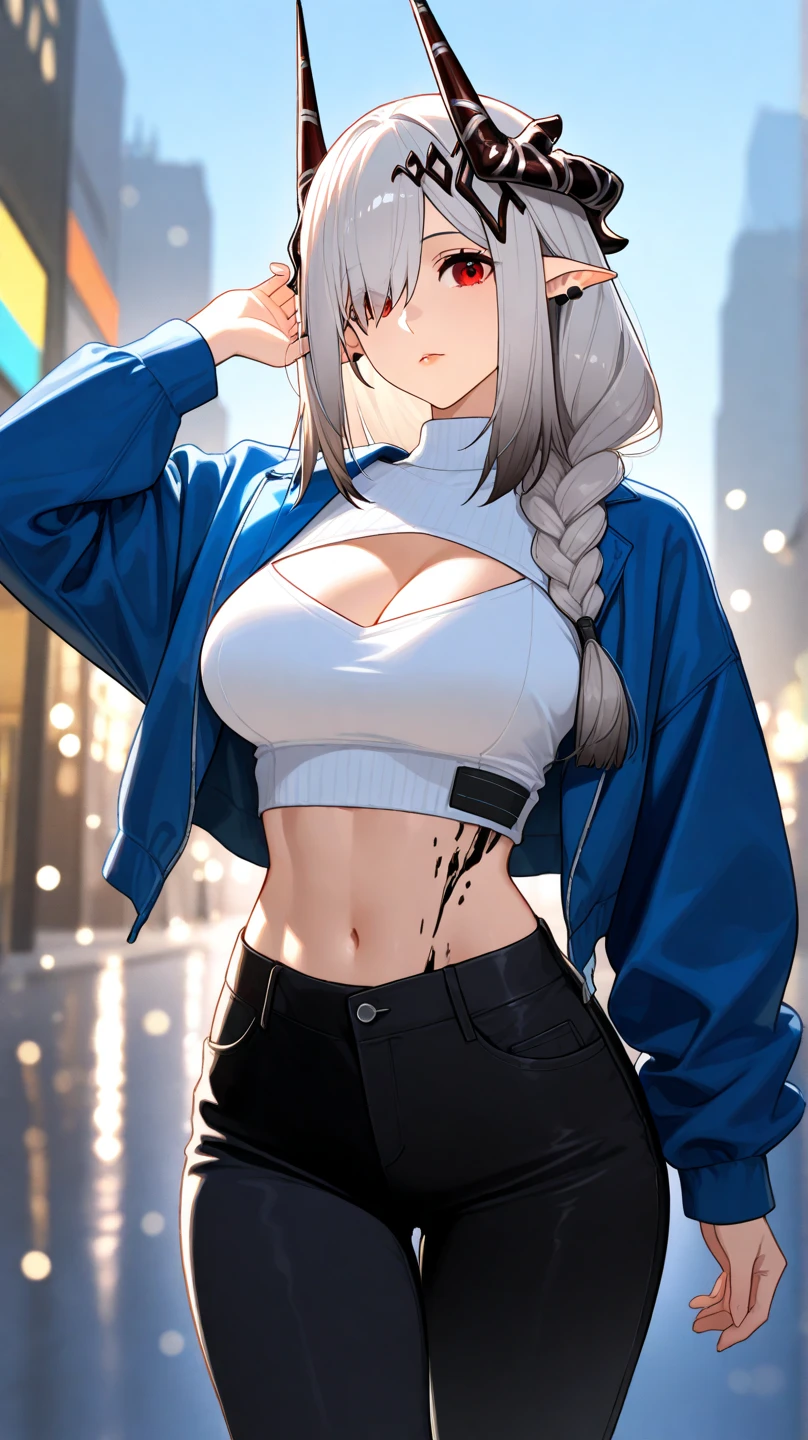 {{super detail, best quality, anatomically correct, textured skin, high quality, high details, highres, masterpiece, best quality}}, cowboy shot, 1girl, solo, mudrock \(arknights\), long hair, silver hair, horns, hair ornament, pointy ears, red eyes, white shirt, midriff, black pants, blue jacket, cleavage cutout, cropped sweater, long sleeves, makeup, open jacket, (solo:1.1), (mature woman:1.2), beautiful face, (detailed eyes), symmetric eyes, (thin lips), (long hair, grey hair, braid, hair over one eye, hair ornament), (beautiful round breasts), voluptuous body, toned, stomach, slim waist, (masterpiece, best qualty), soft ambient lighting, standing, front view, city street background, buildings, vivid colors, sunny day, blue sky, looking at the viewer, slim waist, HD, 8K, vivid colors, intricate, (absurdres:1.2), bokeh, (sharp focus) ((detailed face)), facial details, (pov thighs)