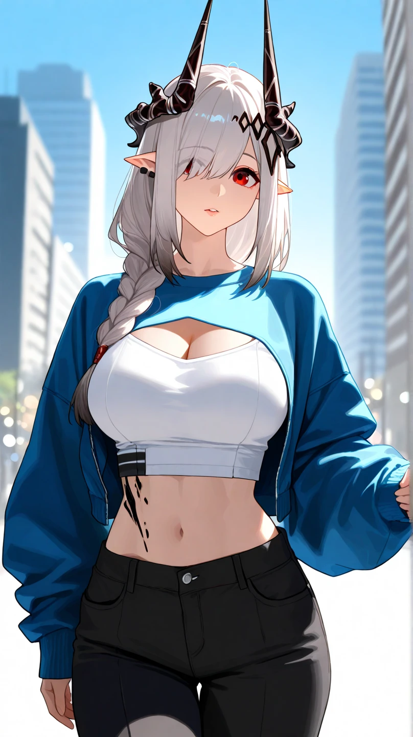 {{super detail, best quality, anatomically correct, textured skin, high quality, high details, highres, masterpiece, best quality}}, cowboy shot, 1girl, solo, mudrock \(arknights\), long hair, silver hair, horns, hair ornament, pointy ears, red eyes, white shirt, midriff, black pants, blue jacket, cleavage cutout, cropped sweater, long sleeves, makeup, open jacket, (solo:1.1), (mature woman:1.2), beautiful face, (detailed eyes), symmetric eyes, (thin lips), (long hair, grey hair, braid, hair over one eye, hair ornament), (beautiful round breasts), voluptuous body, toned, stomach, slim waist, (masterpiece, best qualty), soft ambient lighting, standing, front view, city street background, buildings, vivid colors, sunny day, blue sky, looking at the viewer, slim waist, HD, 8K, vivid colors, intricate, (absurdres:1.2), bokeh, (sharp focus) ((detailed face)), facial details, (pov thighs)