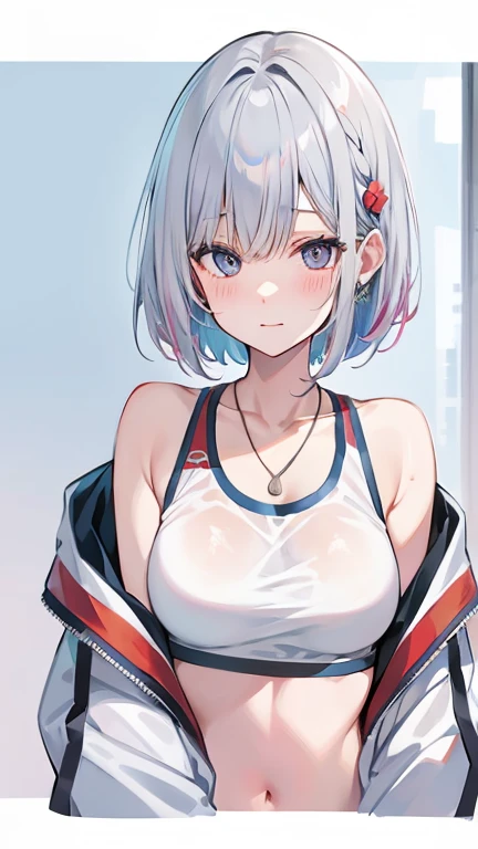 Cute girl, short white hair, red eyes, blue tank top, big breasts, exposed stomach, red belt, short blue pants 