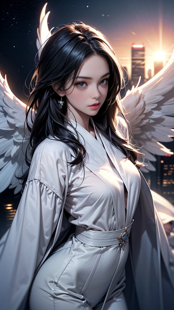 Solo, a female angel, view from above, flying in the sky, looking at viewer ,sleek straight long hair, beautiful, thin, smooth, beautiful face, detailed description, big eyes, cute lips, natural makeup, perfect body shape, beautiful skin, fair skin, extremely detailed skin texture, open angel wings, pure white robe, angel clothing, (CG unit wallpaper of 16k extremely detailed, perfect anatomy, anatomically correct, incredibly absurdres, best quality, delicate, ultra detailed artwork, masterpiece ), perfect depiction of landscape photography,sky view, looking away on the world below (a centered view with focus on the character), (wide open field view), (low angle shot), complex details, (high light: 1.4), (low light: 1.4), (warm light source:1.4), (iridescent colors: 1.2), (bright lighting), (atmospheric lighting), dreamy, unique, (skyscrapers, city ,light, night sky, starry night, looking away on the world below , breeze,)