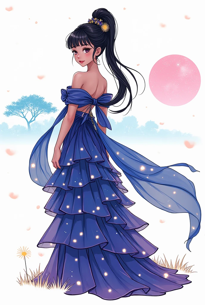  1 Woman , beautiful and cute face , whole body,  creative East Asian character design, Luxurious Layered Sequin Skirt , Color Grade, background, Night Sky,  starry sky , Large tree, Grass Square,  moonlight,  high image quality, masterpiece,  Manga Art , 