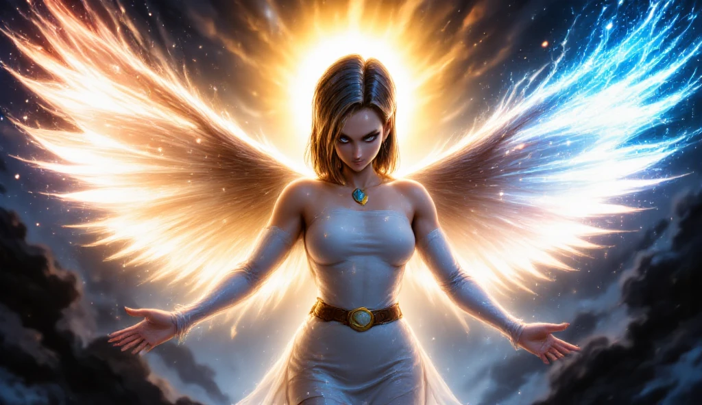 android c 18 as a holy arch angel in beautiful armor and holy magic aura with huge wings, the left wing is water wing and right wing is fire wing