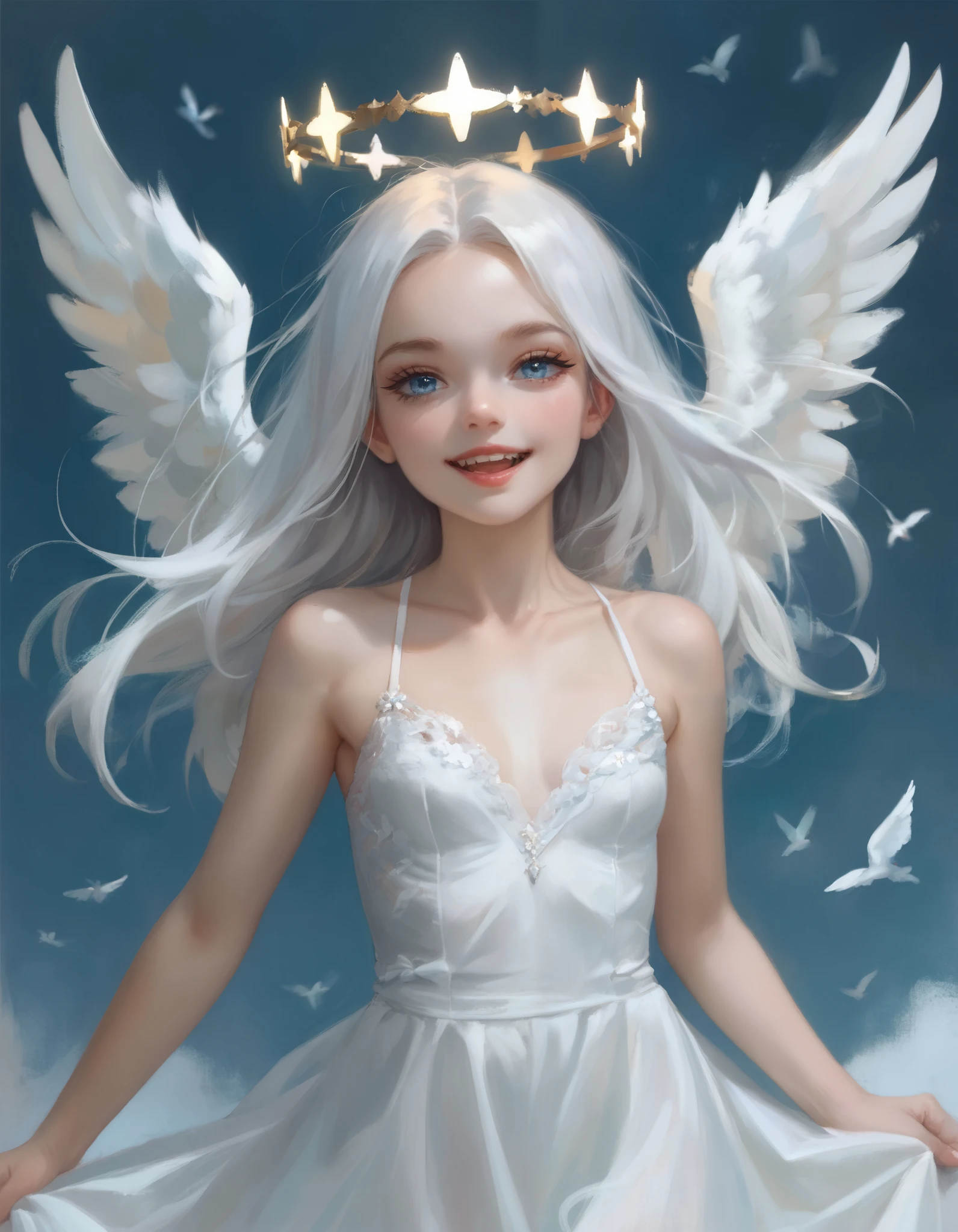 solo, Emily, angel, angel wings, halo, mngmst_style, long hair, smile, blue eyes, white hair, grey skin, small breasts, light blue sclera, very long hair, sleeveless dress, white dress, upper body, close up, open mouth, blank white background, full body