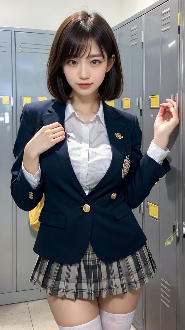 ((Best of the highest quality, 8k, Masterpiece: 1.3, raw photo)), Sharp focus: 1.2, (1 AESPA, slim body type female, 21 y/o: 1.1), (Solo: 1.2), (realistic, photo-realistic:1.37), face focus, cute face, finely eyes, (droopy eyes: 1.32), (Emphasize prominent aegyo-sal with bright: 1.2), shimmering eyeshadow applied under the lower lash line, paired with thick, (small breasts, flat chest, Thigh: 1.3), (short bob, bangs: 1.28), (wearing wet navy blazer and shirt of school uniform, panties: 1.32), (ribbon: 1.2), walking terrace dining, sun light, flower, (arms up: 0.96),