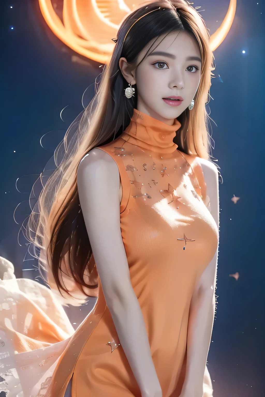 a woman posing on the street corner with light Black Forest on, Best Quality , high resolution , 8k, 1 Girl, (Big Breasts), sky, Bright, Outdoor, (street:0.8), (people, crowd:1), ( lace embellished dress:1.5, Light orange clothes:1.5, Orange turtleneck dress:1.5, Sleeveless Dress , Black Forest: 1.5), Gorgeous, (), Beautiful and detailed sky, Delicate earrings, ( dynamic posture:0.8), ( upper body:1.2), soft lighting , Wind, shiny skin , watching the audience,