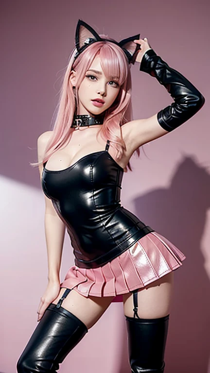 *******r with pink hair, slim model, pink pleated Leather skirt, Leather arm warmers, knee-high Leather boots, cat ears, bouncy castle, realistic, standing, breasts not covered, femdom, Dominatrix, Sex, Fuck, Love toy 
