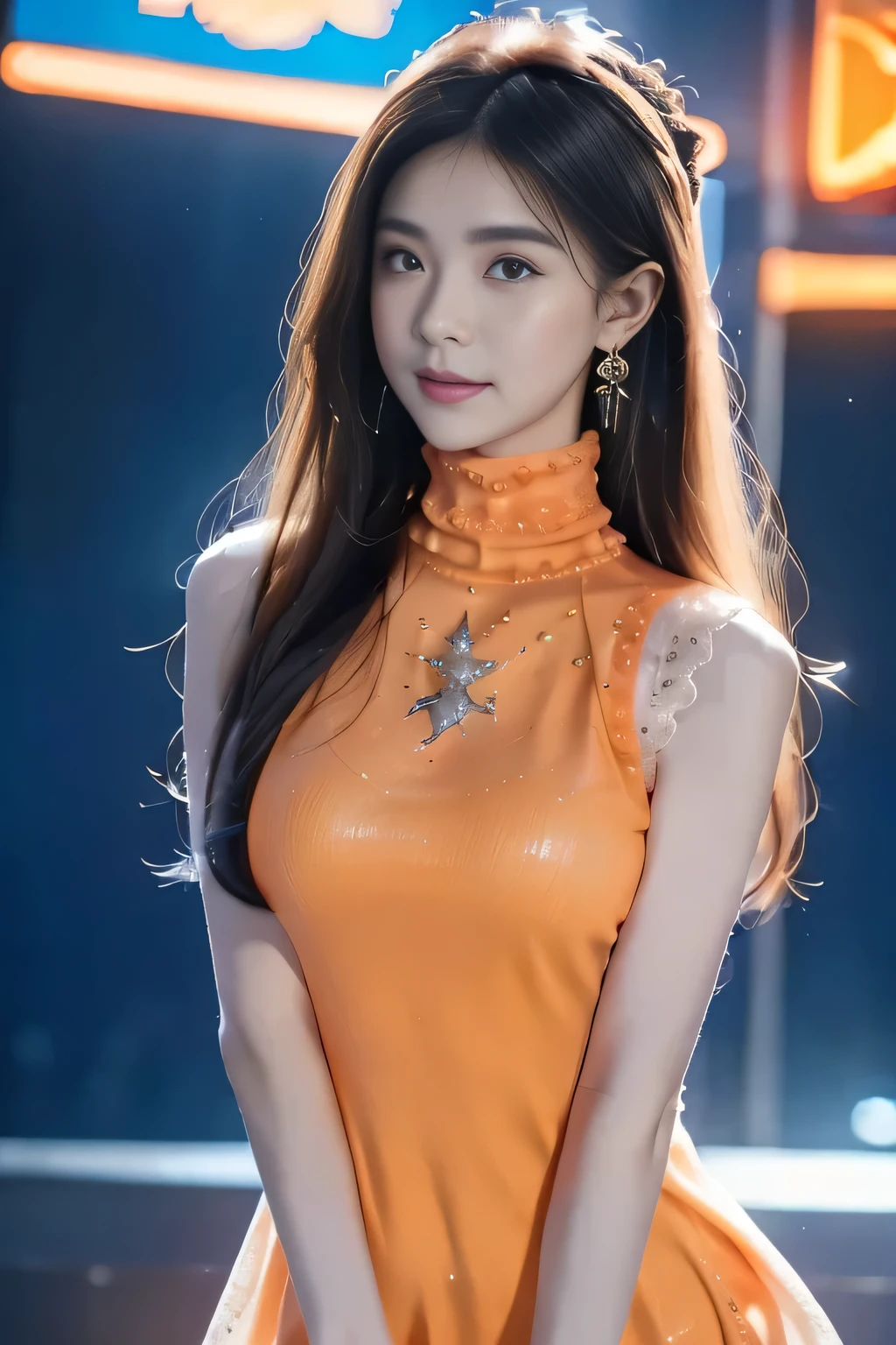 a woman posing on the street corner with light  Black Forest on,  Best Quality ,  high resolution , 8k, 1 Girl, (Big Breasts), sky, Bright, Outdoor, (street:0.8), (people, crowd:1), ( lace embellished dress:1.5, Light orange clothes:1.5, Orange turtleneck dress:1.5,  Sleeveless Dress ,  Black Forest: 1.5), Gorgeous, (), Beautiful and detailed sky, Delicate earrings, ( dynamic posture:0.8), ( upper body:1.2),  soft lighting , Wind,  shiny skin ,  watching the audience, 