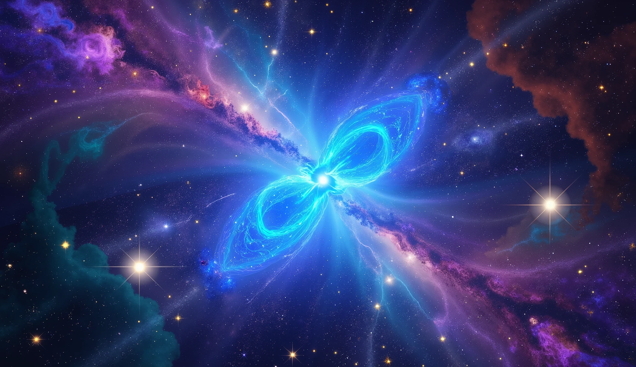 Nebula in the shape of a blue rose ，The blue Milky Way，Nebula Fog， Digital Art by  ，Gold Sparkle，Very beautiful digital art,  4K high resolution digital art , Magical energy swirling softly ，Magic Whirlwind，Dreamlike art,  complex and glamorous anime CGI style 、 super high image quality, Ultra Fine, High Quality ,Spectacular views,Night Sky,8K quality, outer space ,Stars that fill the whole sky 々,View the galaxy from the front ,( Two galaxies cross to form an X shape ), swirling nebulae and supermassive galaxies ,  spiral galaxies with many turns , Vast Dark Universe ,  colorful gaseous nebulae,Infinite stars々, Quasars Shining in the Distance , Nebula shining in purple, blue, red, gold, green, silver, and pink,plasma, an uncountable number of huge stars.遠くに別の銀河 visible ,Massive stars in a spectacular galaxy々 visible ,A galaxy with 100 billion stars ,(Two galaxies intersect ), cobalt blue and ultramarine,