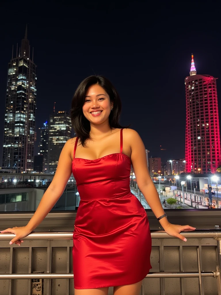 In this image, a young woman is the central figure. She is posing confidently on a metal railing in an urban setting at night. She is wearing a red satin dress with thin straps and a sweetheart neckline, which complements her lmedium length dark hair. The woman is smiling and appears joyful, with her hands resting on the railing.

The background showcases a cityscape, with tall buildings illuminated by city lights. There is a distinctive red building to the right and another structure with a lit-up tower in the distance. The lighting in the image is primarily artificial, emanating from the surrounding buildings and streetlights.

Overall, the atmosphere of the photo is vibrant and lively, capturing the essence of a night out in the city.