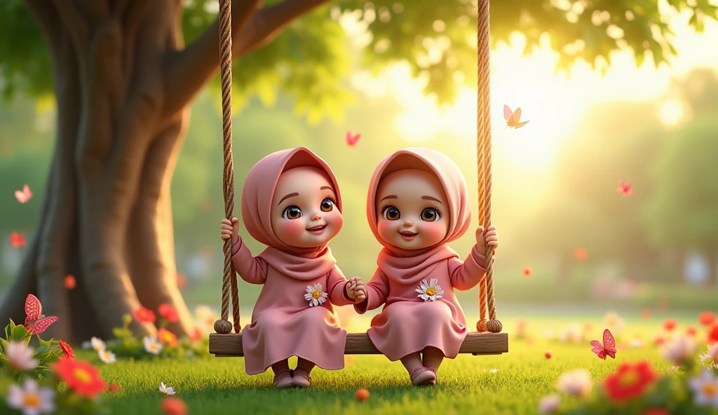 Muslim children swinging on swing