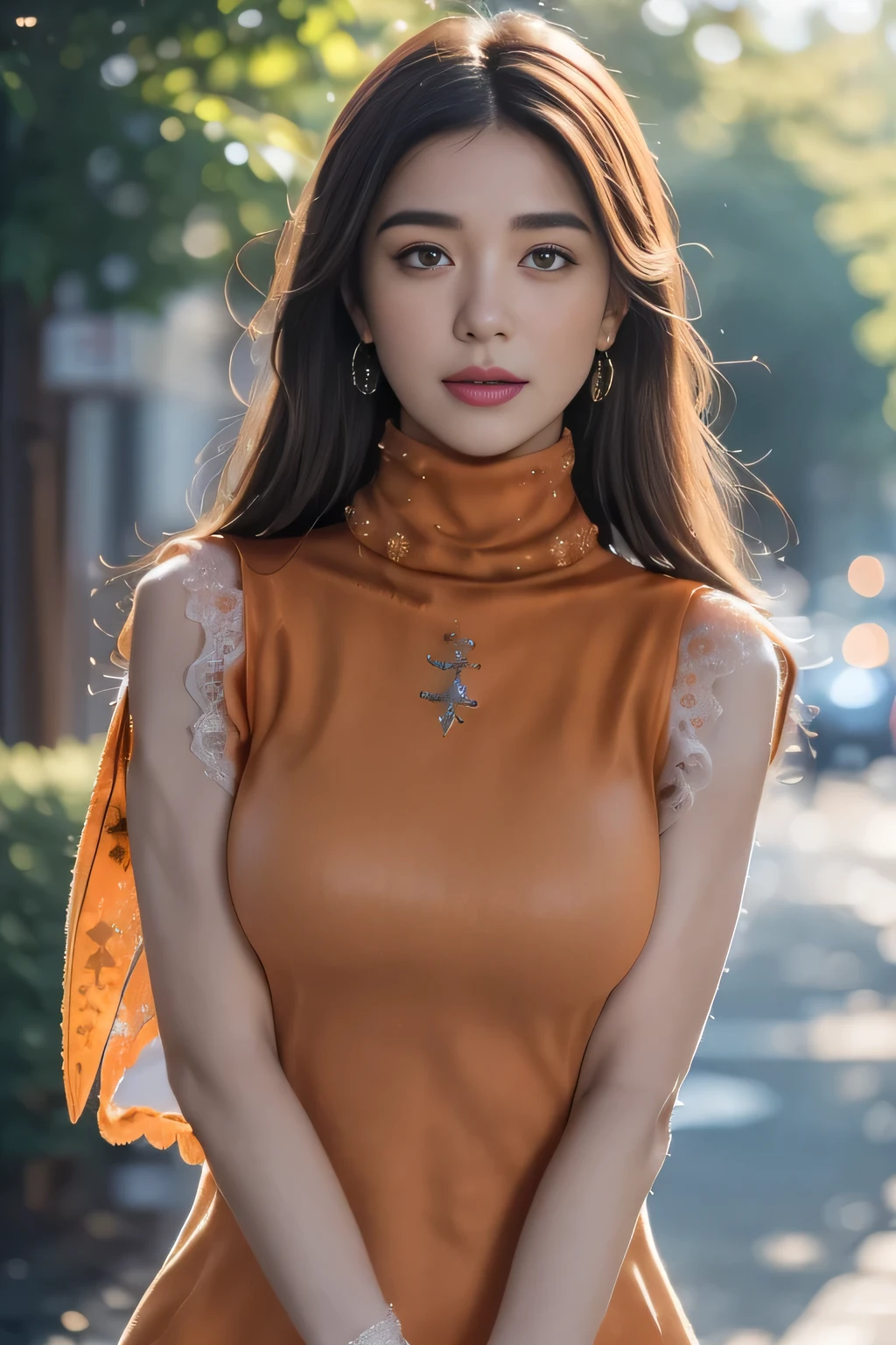  exquisite facial features， Pretty Face ， Super Detailed Details ，White，Sense of light and shadow ，a woman posing on the street corner with light Black Forest on, Best Quality , high resolution , 8k, 1 Girl, (Big Breasts), sky, Bright, Outdoor, (street:0.8), (people, crowd:1), ( lace embellished dress:1.5, Light orange clothes:1.5, Orange turtleneck dress:1.5, Sleeveless Dress , Black Forest: 1.5), Gorgeous, (), Beautiful and detailed sky, Delicate earrings, ( dynamic posture:0.8), ( upper body:1.2), soft lighting , Wind, shiny skin , watching the audience,