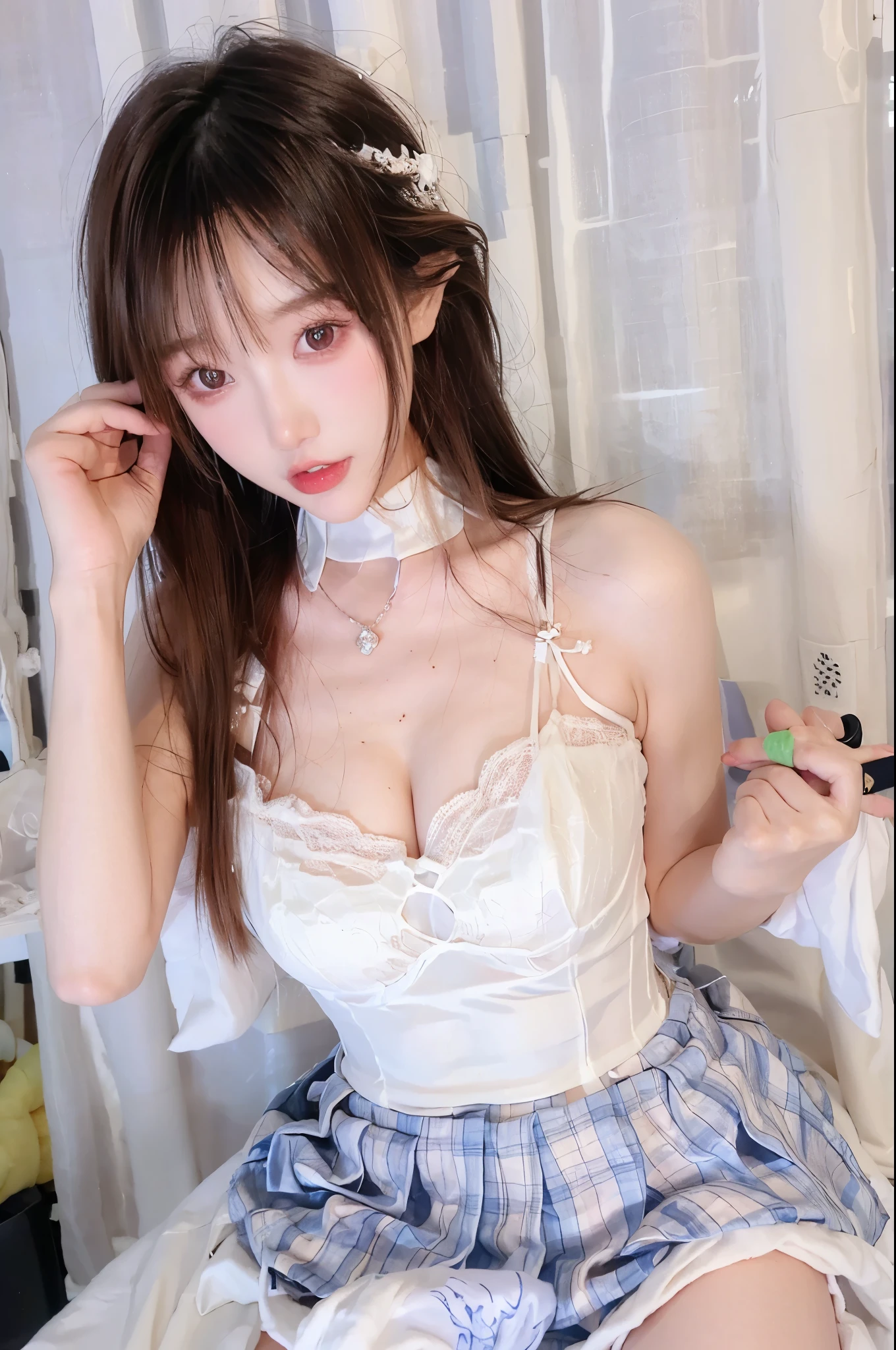  perfect figure beautiful woman：1.4，Layered Hairstyle， Highly Detailed Face and Skin Textures，Double eyelids，Skin Whitening， long hair，Whitening long legs，（Wedding Dress）