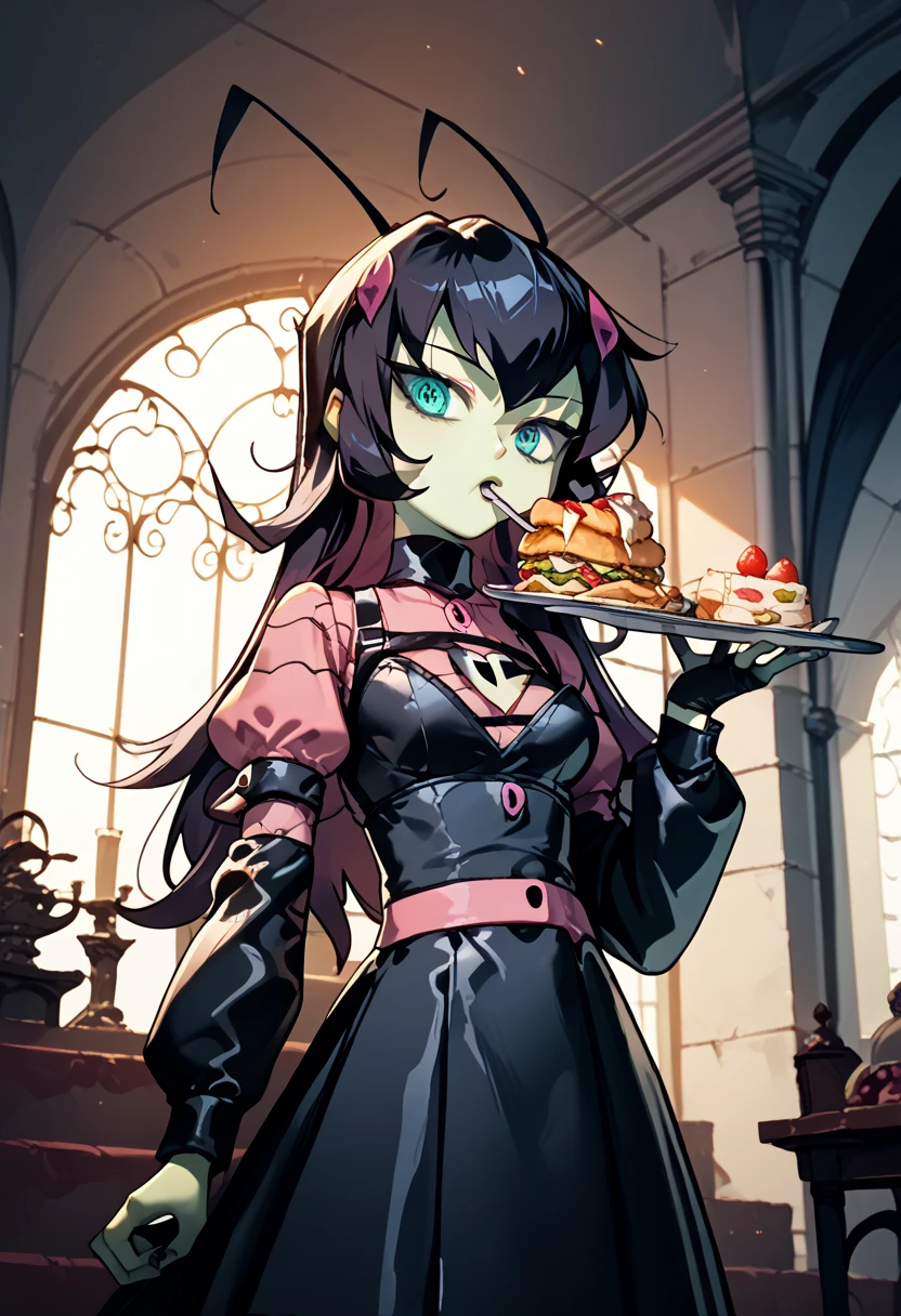  Irkens from the cartoon Invader Zim,  Black hair,  long hair, dressed in military clothing, serving food,  In a mansion, green skin, black antennas , 