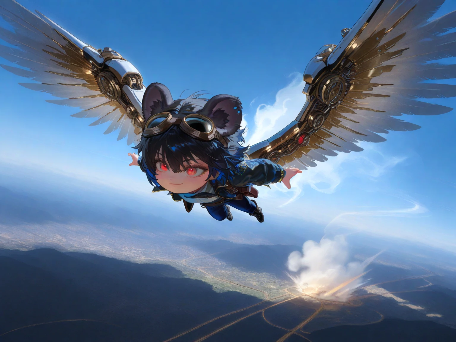 (solo:1.2),1girl\(big smile, cute, (chibi:1.4), big eye, (red eye:1.3), (black Koala ears:1.2), hair\(short hair,black hair, (inner colored blue:1.3)\), (big wings\(classical (steam-punk:1.2) mechanical wing\):1.2), (worn-out flight jacket\(top-gun\):1.2), pilot-suit, leather short boots, holster at legs, steam-punk pilot goggles, dynamic pose,(flying:1.3), at sky\). dynamic angle, longshot. BREAK .background\(high altitude sky, futuristic airplanes, futuristic cityscape.screen cap of steampunk movie\). BREAK .quality\(8k,wallpaper of extremely detailed CG unit, high resolution, top-quality, top-quality real texture skin, hyper realistic, increase the resolution, RAW photos, best quality, highly detailed, the wallpaper, golden ratio, high saturation realism, vibrant colors, dramatic lighting, persuasive storytelling, atmospheric scenery, captivating visuals, intricate details, strong emotions, dreamlike world\).(motion blur:1.3)