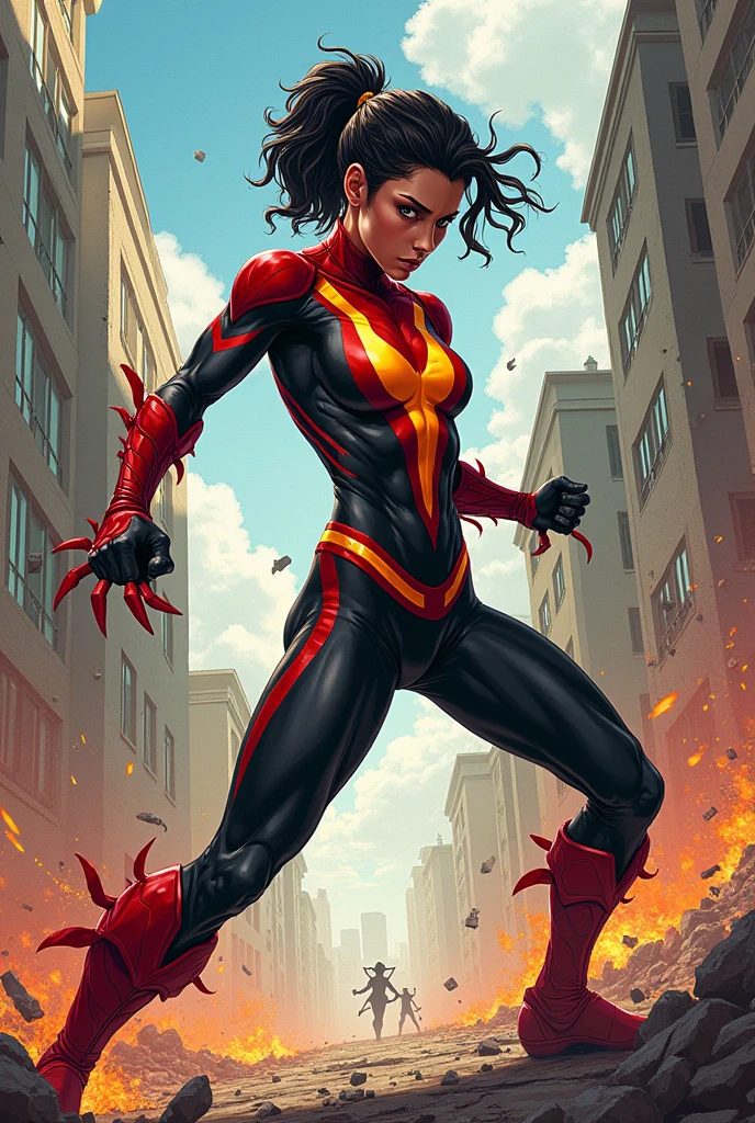 Spider woman, 1 woman, athletic physique, long black hai, red spider half-face mask, white lenses, red costume, yellow logo, yellow gloves, yellow boots
