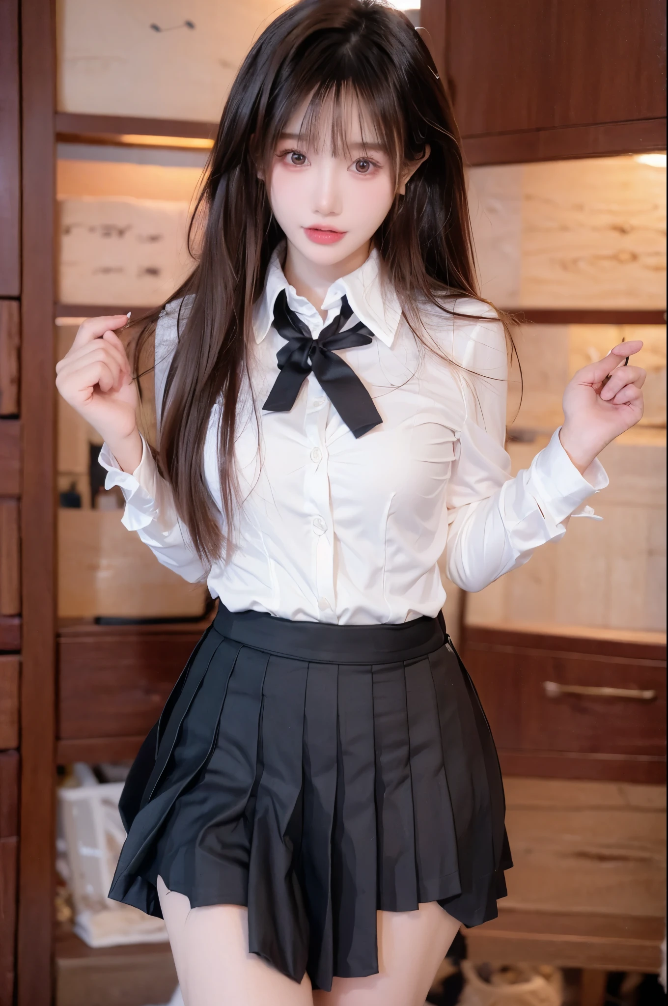  perfect figure beautiful woman：1.4，Layered Hairstyle， Highly Detailed Face and Skin Textures，Double eyelids，Skin Whitening， long hair，Whitening long legs，（School Uniform）