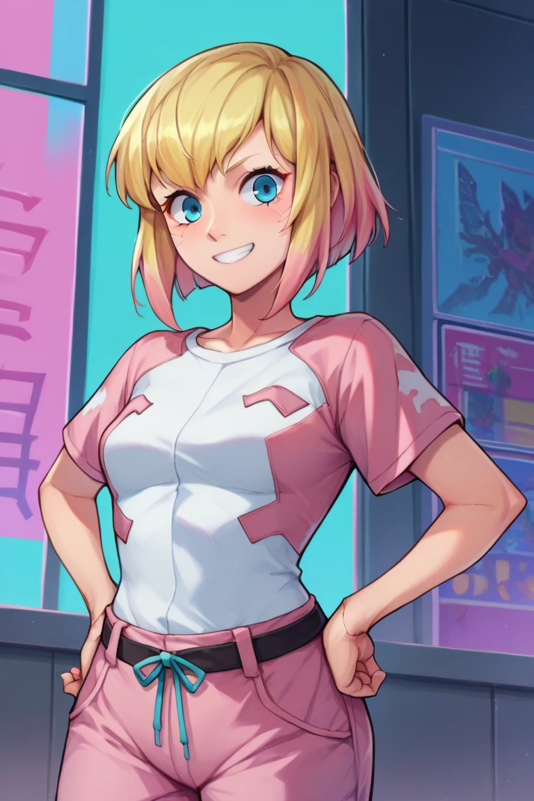 score_9, score_8_up, score_7_up, BREAK GwenpoolSDXL, 1girl, Blonde hair, Medium hair, blue eyes, anime girl, small breasts, pink t-shirt, cyberpunk city background, hands on hips,baggy pants, pink pants, smile, looking at viewer 