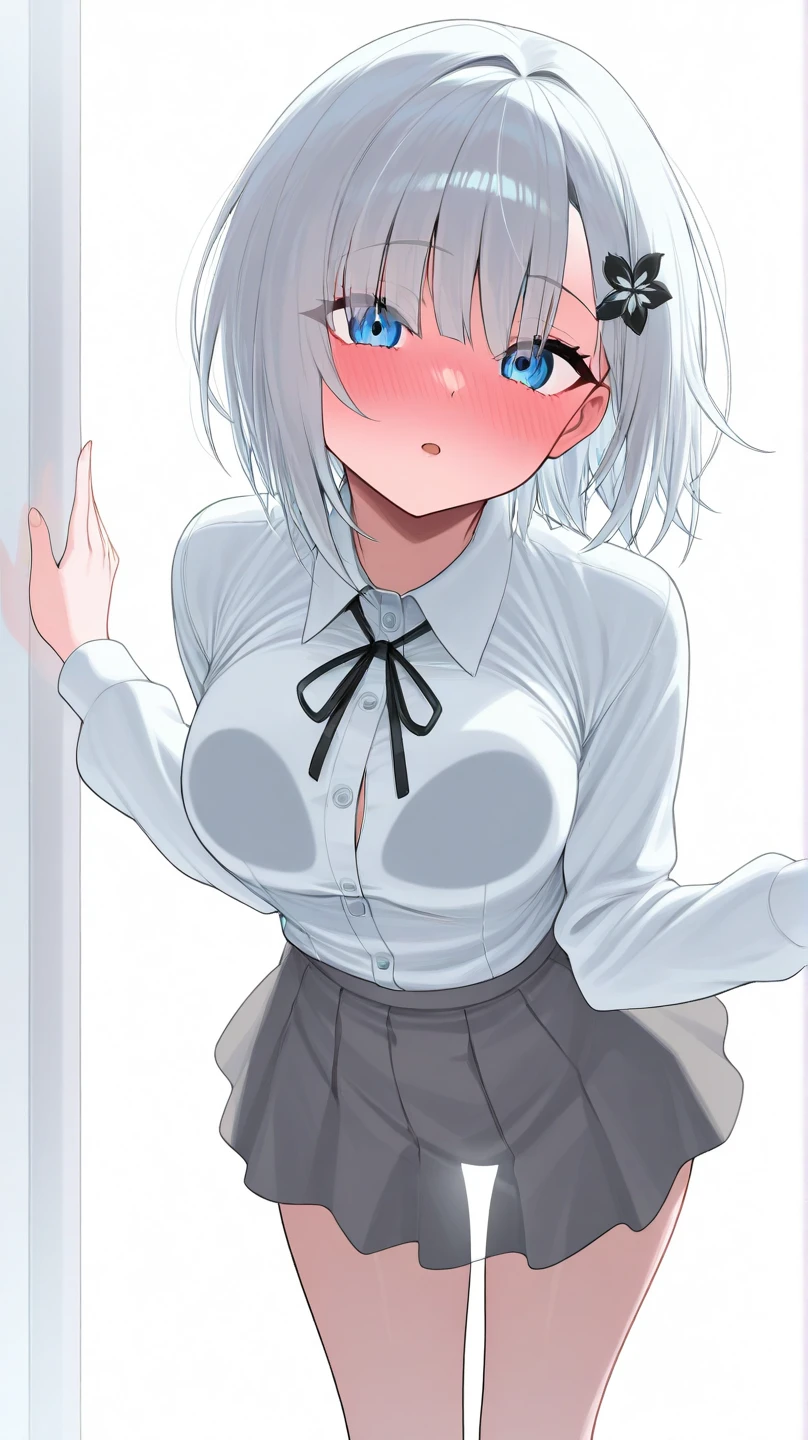 NSFW,((1man with 1woman,Having sex)), Woman on top,from behind,tiny girl,Colossal tits,Smile with open mouth,silber hair,Lori,length hair,Twin-tailed,School uniform,Whip thighs,hair adornments,Heterochromia,Top image quality,Best Quality