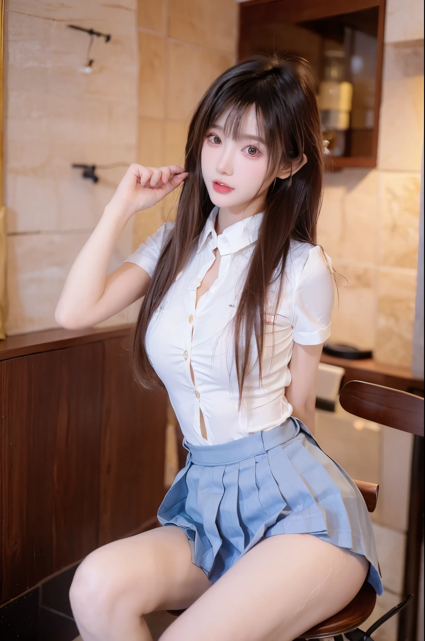  perfect figure beautiful woman：1.4，Layered Hairstyle， Highly Detailed Face and Skin Textures，Double eyelids，Skin Whitening， long hair，Whitening long legs，（School Uniform）