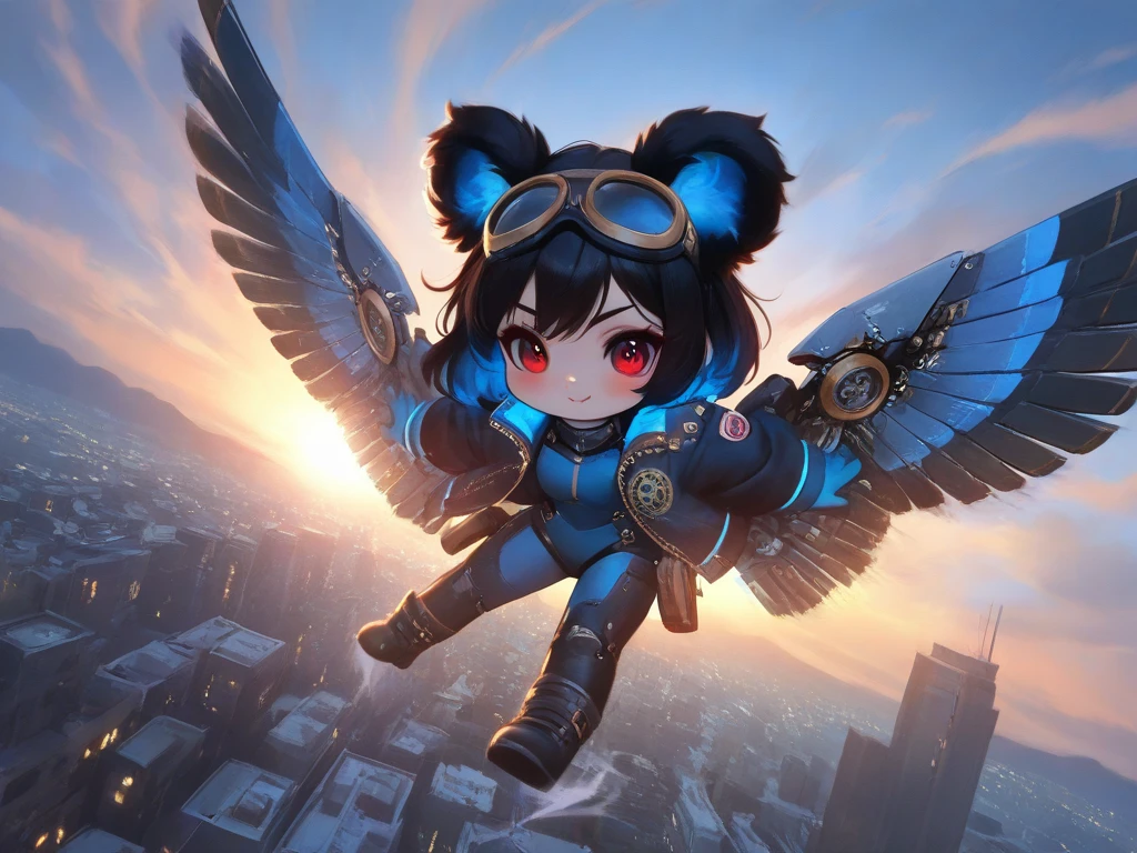 (solo:1.2),1girl\(big smile, cute, (chibi:1.2), big eye, (red eye:1.3), black fluffy furry Koala ears, hair\(short hair,black hair, (inner colored blue:1.3)\), (big wings\(classical (steam-punk:1.2) mechanical wing\):1.2), (worn-out flight jacket\(top-gun\):1.2), pilot-suit, leather short boots, holster at legs, steam-punk pilot goggles, dynamic pose,(flying:1.3), at sky\). dynamic angle, longshot. BREAK .background\(high altitude sky, futuristic airplanes, futuristic cityscape.screen cap of steampunk movie\). BREAK .quality\(8k,wallpaper of extremely detailed CG unit, high resolution, top-quality, top-quality real texture skin, hyper realistic, increase the resolution, RAW photos, best quality, highly detailed, the wallpaper, golden ratio, high saturation realism, vibrant colors, dramatic lighting, persuasive storytelling, atmospheric scenery, captivating visuals, intricate details, strong emotions, dreamlike world\).(motion blur:1.3)