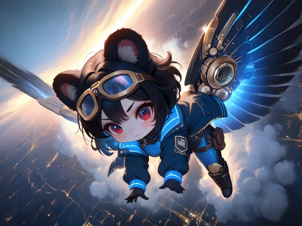 (solo:1.2),1girl\(big smile, cute, (chibi:1.2), big eye, (red eye:1.3), black fluffy furry Koala ears, hair\(short hair,black hair, (inner colored blue:1.3)\), (big wings\(classical (steam-punk:1.2) mechanical wing\):1.2), (worn-out flight jacket\(top-gun\):1.2), pilot-suit, leather short boots, holster at legs, steam-punk pilot goggles, dynamic pose,(flying:1.3), at sky\). dynamic angle, longshot. BREAK .background\(high altitude sky, futuristic airplanes, futuristic cityscape.screen cap of steampunk movie\). BREAK .quality\(8k,wallpaper of extremely detailed CG unit, high resolution, top-quality, top-quality real texture skin, hyper realistic, increase the resolution, RAW photos, best quality, highly detailed, the wallpaper, golden ratio, high saturation realism, vibrant colors, dramatic lighting, persuasive storytelling, atmospheric scenery, captivating visuals, intricate details, strong emotions, dreamlike world\).(motion blur:1.3)