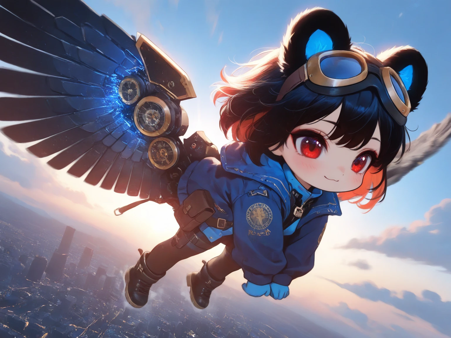 (solo:1.2),1girl\(big smile, cute, (chibi:1.2), big eye, (red eye:1.3), black fluffy furry Koala ears, hair\(short hair,black hair, (inner colored blue:1.3)\), (big wings\(classical (steam-punk:1.2) mechanical wing\):1.2), (worn-out flight jacket\(top-gun\):1.2), pilot-suit, leather short boots, holster at legs, steam-punk pilot goggles, dynamic pose,(flying:1.3), at sky\). dynamic angle, longshot. BREAK .background\(high altitude sky, futuristic airplanes, futuristic cityscape.screen cap of steampunk movie\). BREAK .quality\(8k,wallpaper of extremely detailed CG unit, high resolution, top-quality, top-quality real texture skin, hyper realistic, increase the resolution, RAW photos, best quality, highly detailed, the wallpaper, golden ratio, high saturation realism, vibrant colors, dramatic lighting, persuasive storytelling, atmospheric scenery, captivating visuals, intricate details, strong emotions, dreamlike world\).(motion blur:1.3)