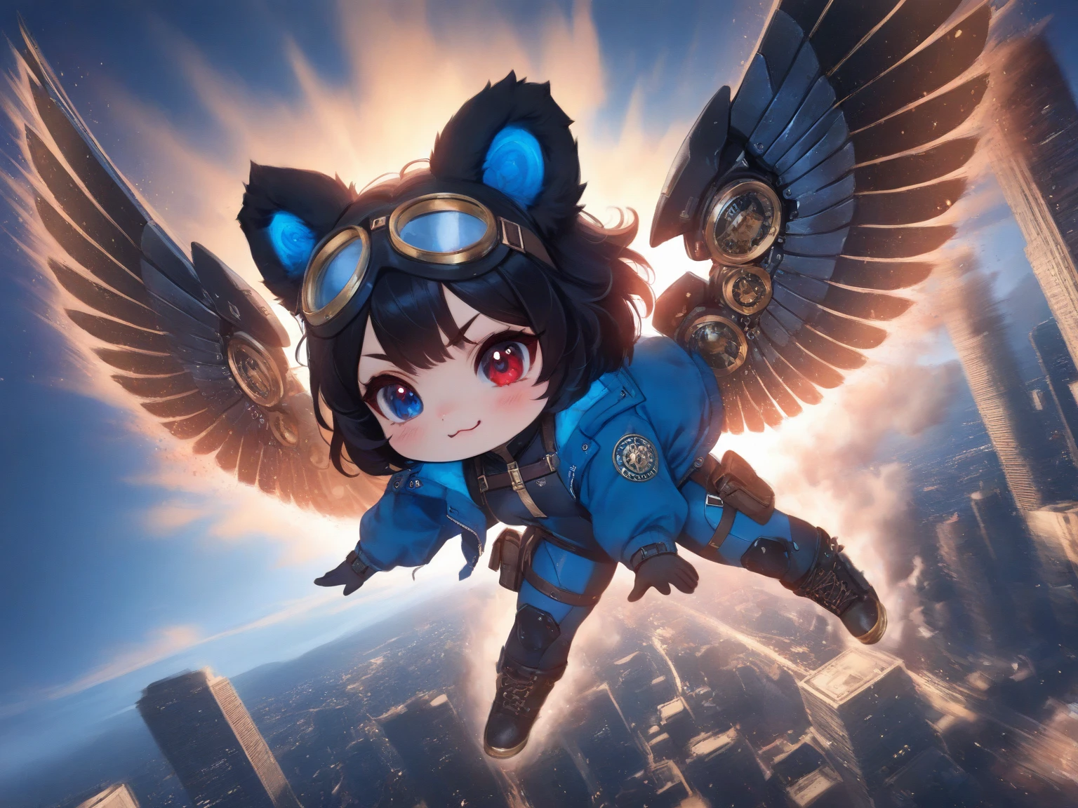 (solo:1.2),1girl\(big smile, cute, (chibi:1.2), big eye, (red eye:1.3), black fluffy furry Koala ears, hair\(short hair,black hair, (inner colored blue:1.3)\), (big wings\(classical (steam-punk:1.2) mechanical wing\):1.2), (worn-out flight jacket\(top-gun\):1.2), pilot-suit, leather short boots, holster at legs, steam-punk pilot goggles, dynamic pose,(flying:1.3), at sky\). dynamic angle, longshot. BREAK .background\(high altitude sky, futuristic airplanes, futuristic cityscape.screen cap of steampunk movie\). BREAK .quality\(8k,wallpaper of extremely detailed CG unit, high resolution, top-quality, top-quality real texture skin, hyper realistic, increase the resolution, RAW photos, best quality, highly detailed, the wallpaper, golden ratio, high saturation realism, vibrant colors, dramatic lighting, persuasive storytelling, atmospheric scenery, captivating visuals, intricate details, strong emotions, dreamlike world\).(motion blur:1.3)