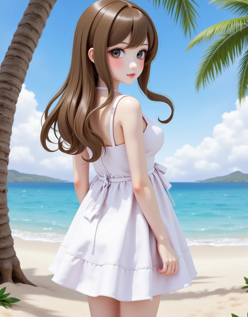 1girl, solo, brown hair, dress, holding, outdoors, sky, day, from behind, white dress, tree, ocean, back, beach, palm tree