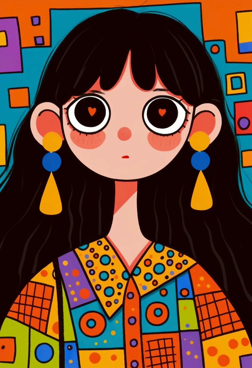 Flat wind，vector， childish art cartoon ， brunette big earrings anime girl, big eyes， Lovely expression ， bangs， minimalism，Blouse with a large collar，Patchwork，Lovely art style,  colorful! Digital illustration style, Mathematical Art.  colorful comic,   hand-drawn cartoon art style， solid color background，Black Line