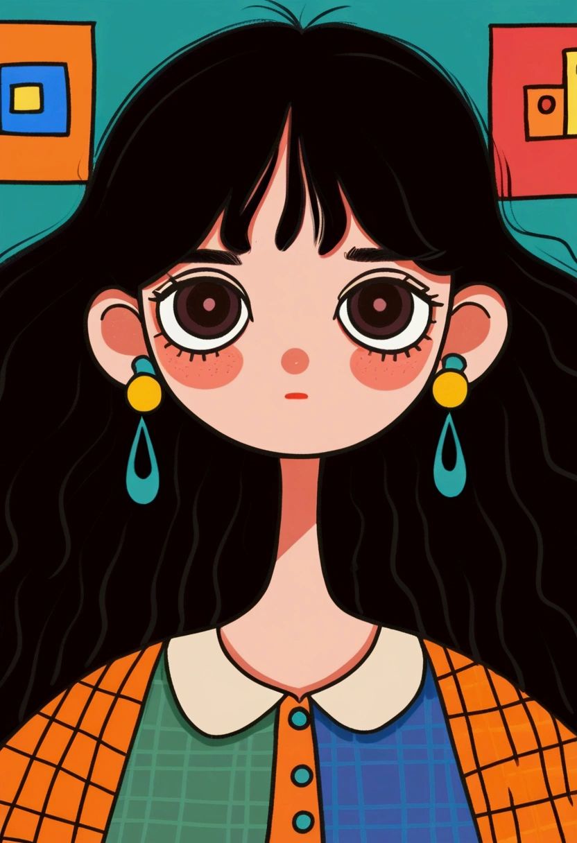 Flat wind，vector， childish art cartoon ， brunette big earrings anime girl, big eyes， Lovely expression ， bangs， minimalism，Blouse with a large collar，Patchwork，Lovely art style,  colorful! Digital illustration style, Mathematical Art.  colorful comic,   hand-drawn cartoon art style， solid color background，Black Line