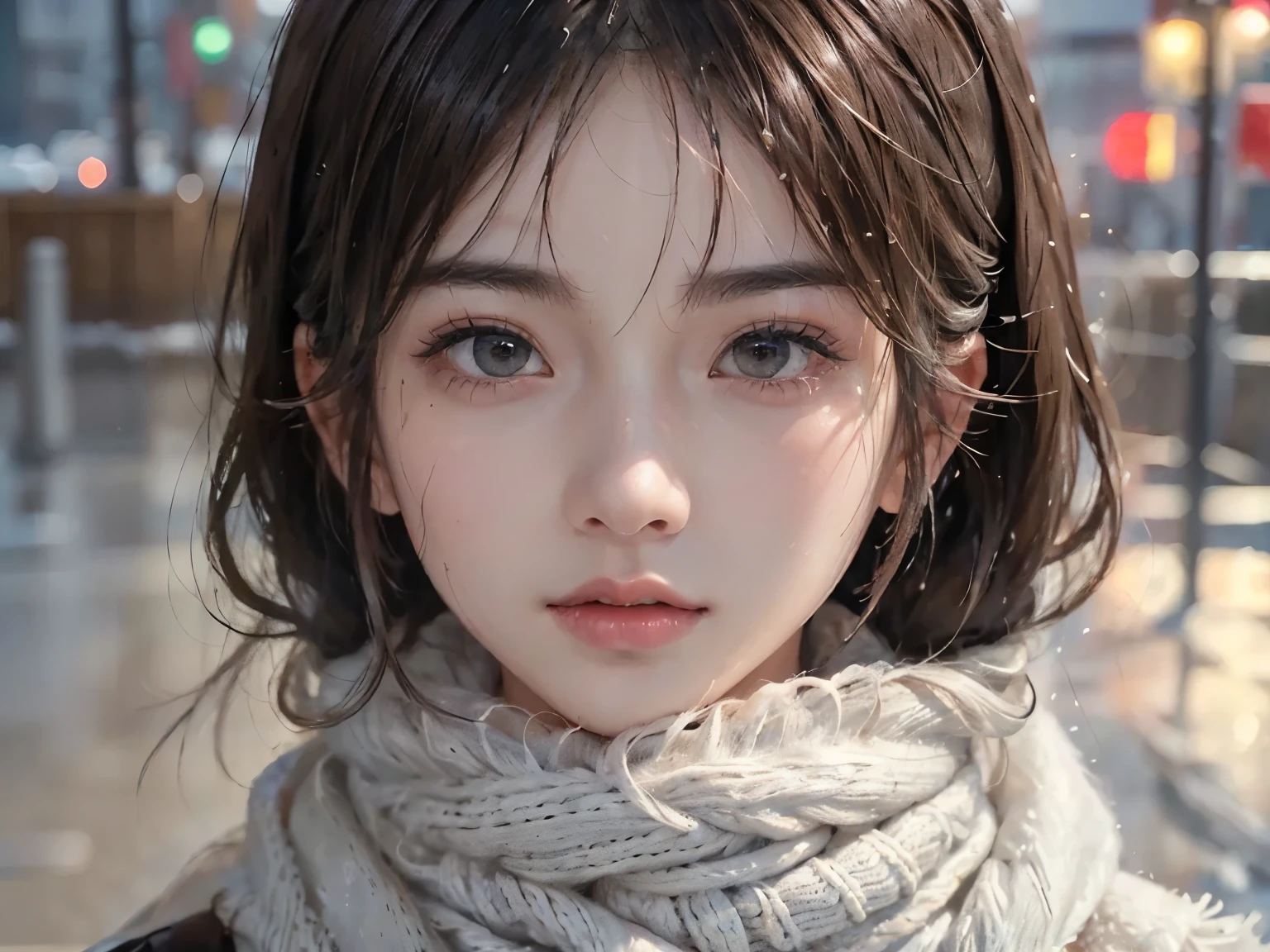 (( wet hair, wet skin, oily skin , Sweaty clothes:1.3)),(( no makeup、 close your mouth:1.2))、( realistic 、Photo realistic 、 ULTRA DETAIL、Best detailed skin、 top quality 、masterpiece、 super A high resolution)、 cute russian woman 、、 high school girl、、 One girl 、Has bangs、ash blonde:1.7、 double eyelid 、Droopy eyes、Japanese style face 、purity、Double tooth 、 realistic な肌のタイプ、Thick muffler、Grey scarf、 fluffy hair 、(( the hair is inside the scarf :1.3))、 red cheeks 、 the wind is blowing 、 it's snowing 、night、Illuminations、Lighting from behind、Glasses