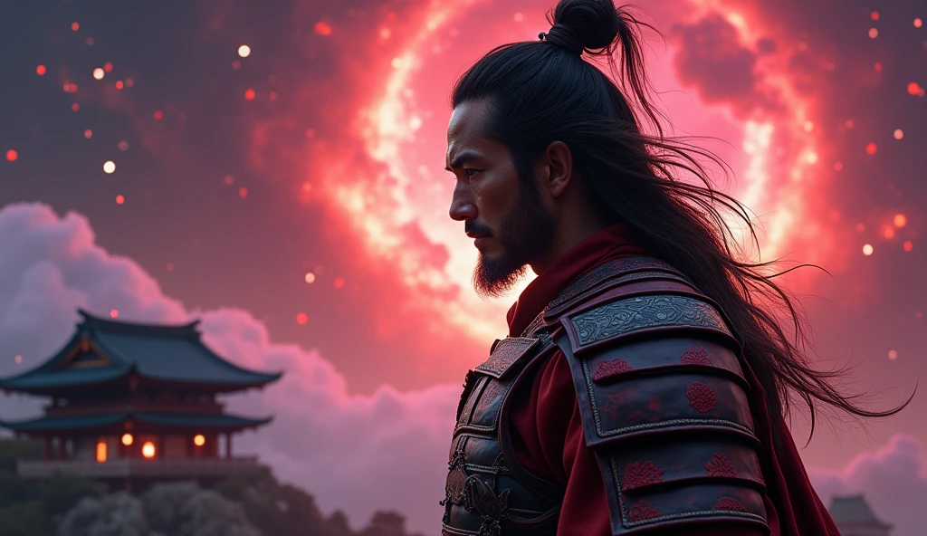  a samurai seen from the side without a helmet,  with space nebula effects ,  with a predominant color red ,  in the background old Japanese house , 4k HD realism  