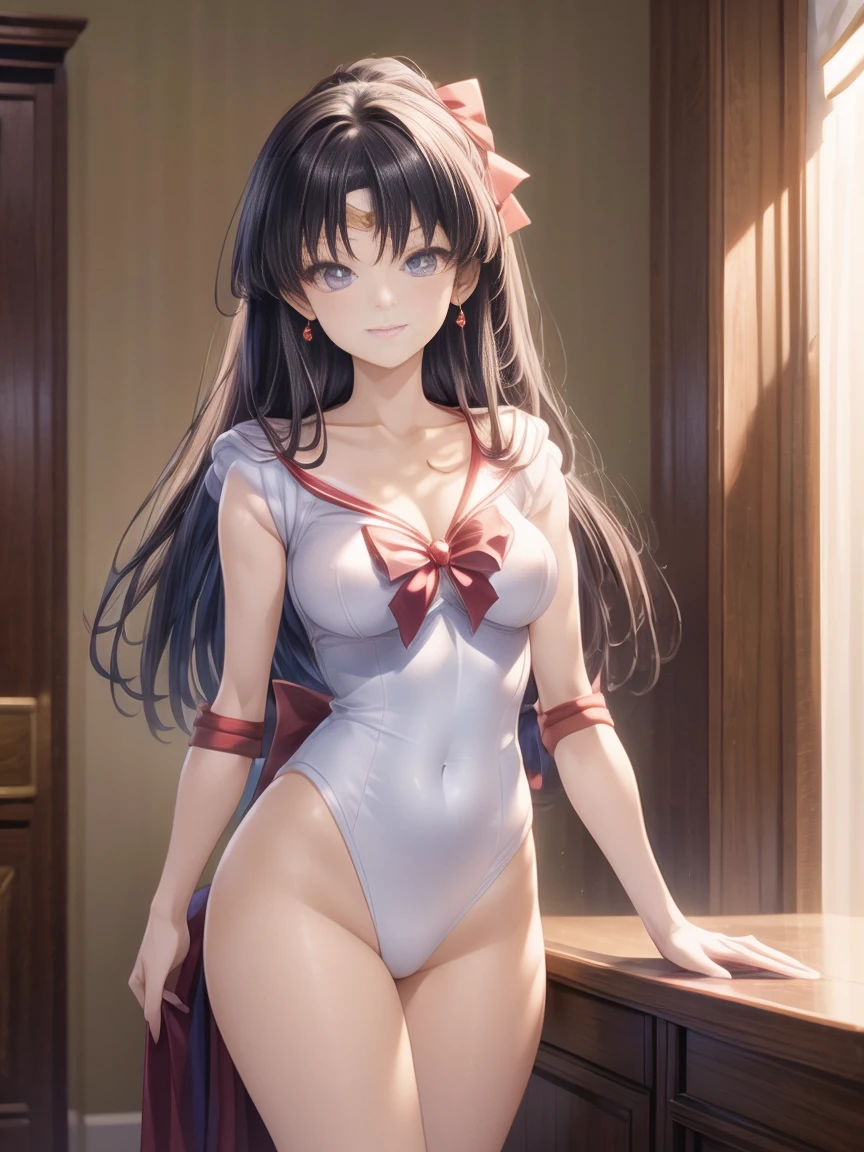 Highest quality、Rei Hino、Beautiful breasts、Red leotard、Red ribbon at waist、Cleavage、Cute face、smile、