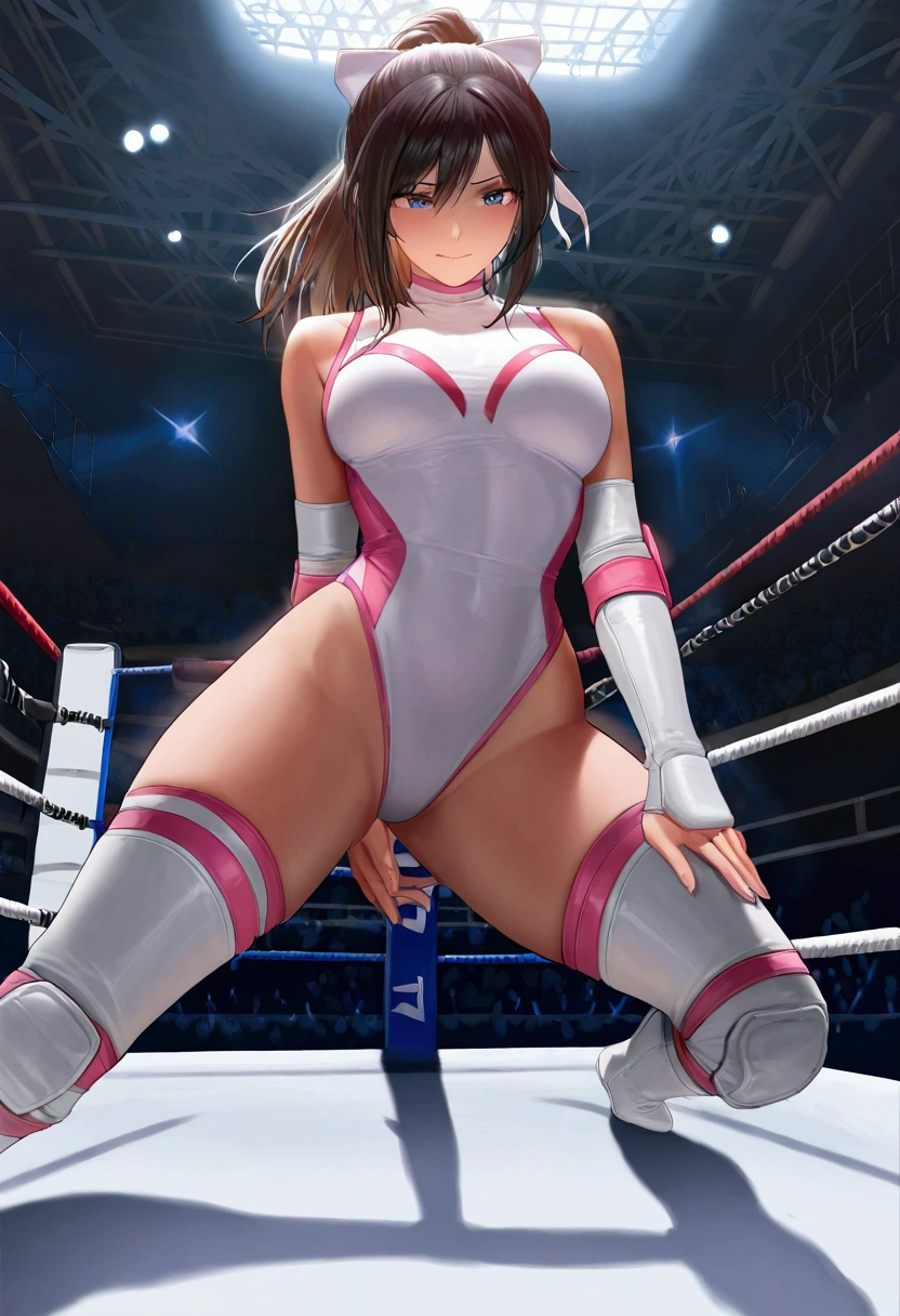masterpiece、highest quality、High resolution、real girl、professional wrestler、people々々close-up of、Wearing a white bodysuit、meanwhile、sexy、masterpiece, super detailed illustrations, highest quality, particles of light, super detailed, perfect anatomy, Japanese anime style, 8K, (woman), (small breasts), ((black short hair)), shiny hair, shiny skin, oily skin, beautiful face, (white leotard, Wrestling boots:1.2), (nipple), (orgasm face, beautiful black eyes, shining eyes, half closed eyes), blush, arched back, get down on all fours, boob on stage, (naked man:1.3), (man behind woman), (intense sex:1.6), (doggy style sex:1.4), vagina penis, hetero, (man hold woman's waist:1.4), (cum out), NSFW, stage, wrestling stage, crowd,pubic hair,perfect anatomy,(masterpiece), (best quality), (ultra-detailed), (illustration), (an extremely delicate and beautiful),realistic, Natural lighting, 2 girls,(professional wrestler:1.3), (Pro wrestling background),Teaming up and applying techniques,I'm grabbing your legs and spreading them apart,seriously,nsfw,(pussy juice stain)