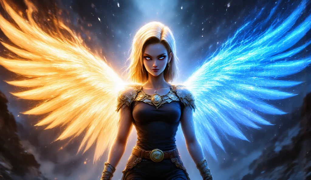 android c 18 as a holy arch angel in beautiful armor and holy magic aura with huge wings, the left wing is water wing and right wing is fire wing