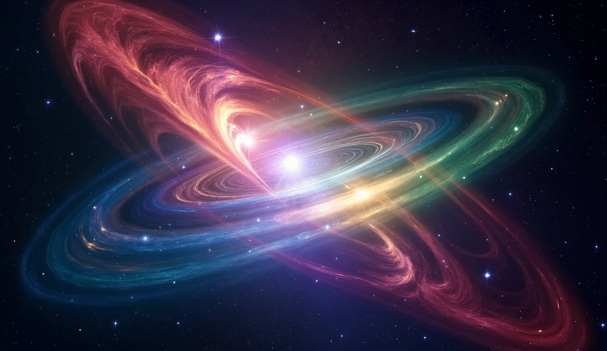 Triple overlapping ring-shaped nebula,The blue Milky Way,Nebula Fog, Digital Art by ,Gold Sparkle,Very beautiful digital art, 4K high resolution digital art , Magical energy swirling softly ,Magic Whirlwind,Dreamlike art, complex and glamorous anime CGI style 、 super high image quality, Ultra Fine, High Quality ,Spectacular views,Night Sky,8K quality, outer space ,Stars that fill the whole sky 々,View the galaxy from the front ,( Two galaxies cross to form an X shape ), swirling nebulae and supermassive galaxies , spiral galaxies with many turns , Vast Dark Universe , colorful gaseous nebulae,Infinite stars々, Quasars Shining in the Distance , Nebula shining in purple, blue, red, gold, green, silver, and pink,plasma, an uncountable number of huge stars.遠くに別の銀河 visible ,Massive stars in a spectacular galaxy々 visible ,A galaxy with 100 billion stars ,(Two galaxies intersect ), cobalt blue and ultramarine,