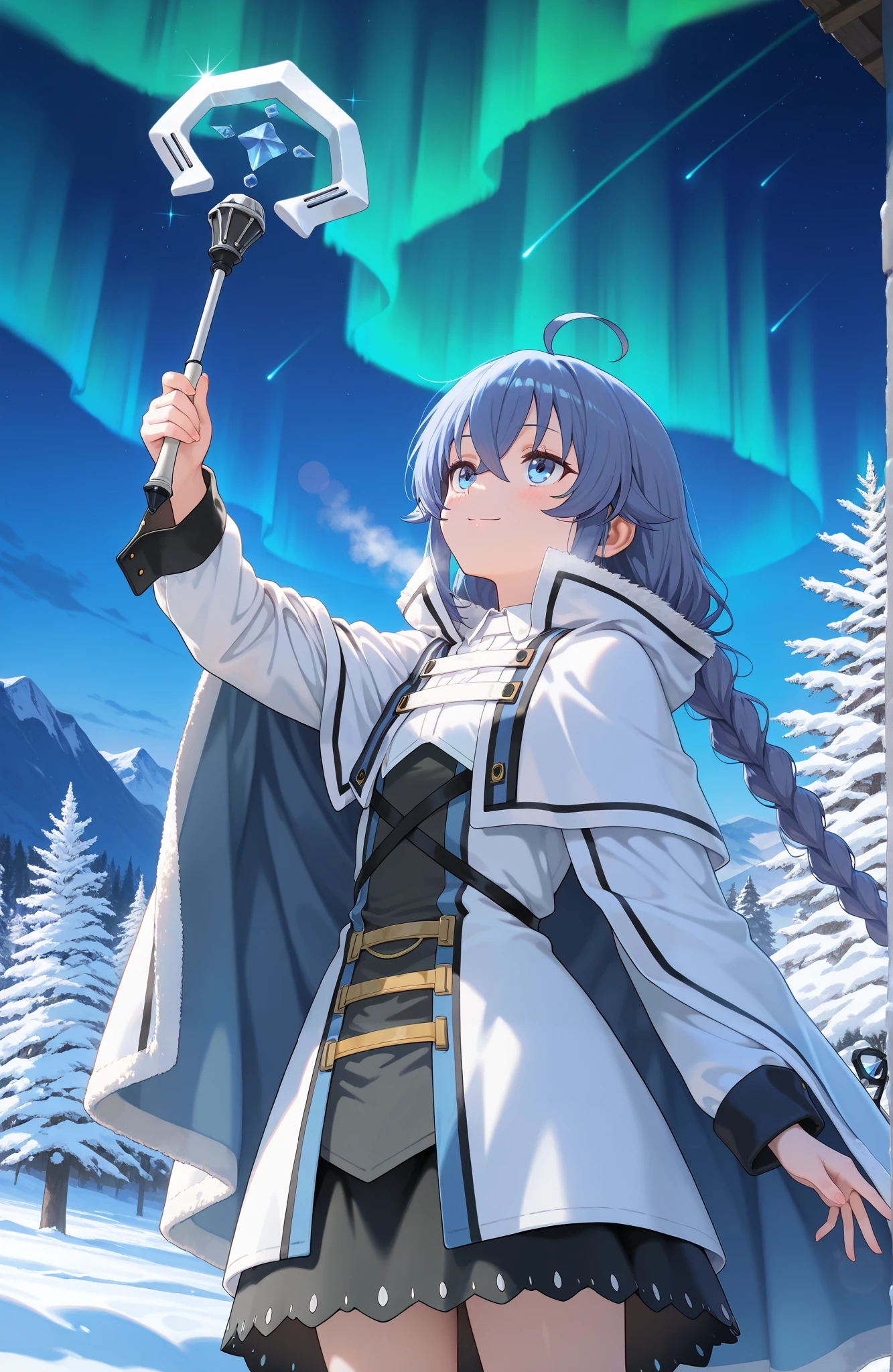 solo, 1girl, roxy migurdia, Flat Chest,Looking up, using magic, ice magic, snow magic,Roxy's clothes, skirt,Composition from below, a dynamic composition,Light blue cloak with white fur, blue santa style cloak, cute winter style, white fir tree covered with snow, night, aurora borealis, snow, outside, beautiful stars, smiling, closed mouth, holding a wand,beautiful lighting, lens flare, light leak, Touching illustrations, touching, emotional, like a scene from a movie,beautiful art, beautiful illustrations, best art, beautiful art, amazing art, amazing illustrations, masterpiece,best quality,amazing quality,very aesthetic,absurdres,newest,