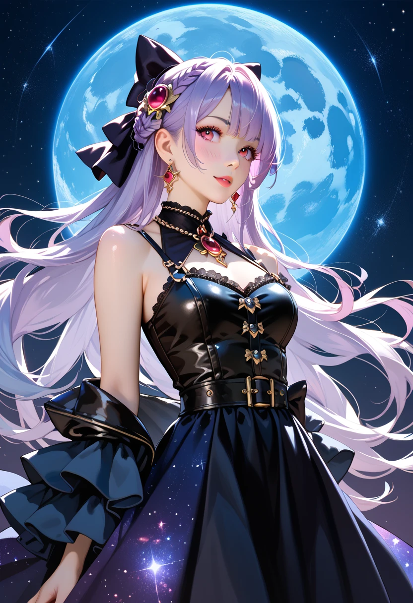 (8k, masutepiece, Highest Quality, Best Quality, Official art, Breathtaking beauty and aesthetics, A highly detailed, The best masterpiece in history that exceeds limits, Breathtaking and beautiful lighting:1.2), (1 Girl, solo), (sixteen years old), (beautiful detailed face), (shiny white skin), (Beautiful big bust, cleavage:1.2), (thighs), (beautiful detailed pink twin tails hair, bangs:1.3), (beautiful detailed drooping pink eyes:1.5), BREAK, (Beautiful detailed fantastic black dresses, black See-through intricate lace, black ribbon, silver thread), (Beautiful Luxurious Diamonds Tiara), (mysterious smile), (dynamic cut, Attractive, Look at the camera, cute pose), breathtaking scenery, BREAK, (ultra detailed beautiful purple thunder, night sky:1.2), (Beautiful detailed fantastic mysterious big purple scythe, Sharp blade:1.3),