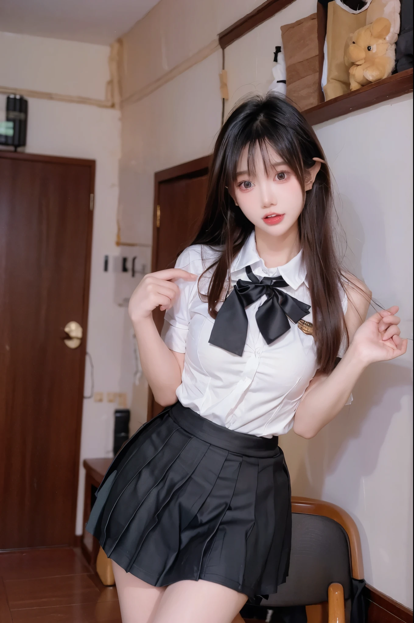  perfect figure beautiful woman：1.4，Layered Hairstyle， Highly Detailed Face and Skin Textures，Double eyelids，Skin Whitening， long hair，Whitening long legs，（School Uniform）