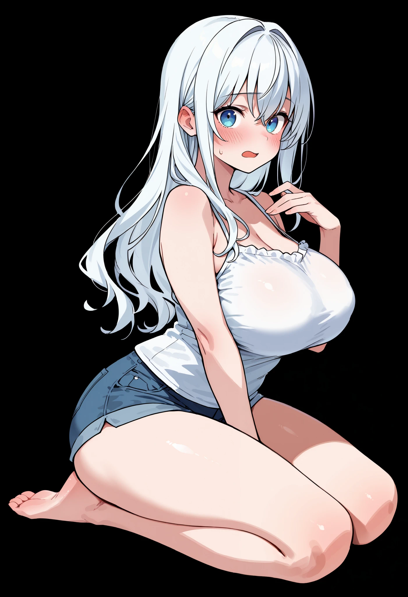  masterpiece ,  better quality, 32 mil,  High resolution , absurdities, Alone,  Open mouth,  looking at the viewer, to smile, 1 ,  Blue Eyes,  short white hair,  big boobs,  big ass , Blush,  full body  ,  black background , camisa branca cobrindo o  full body  