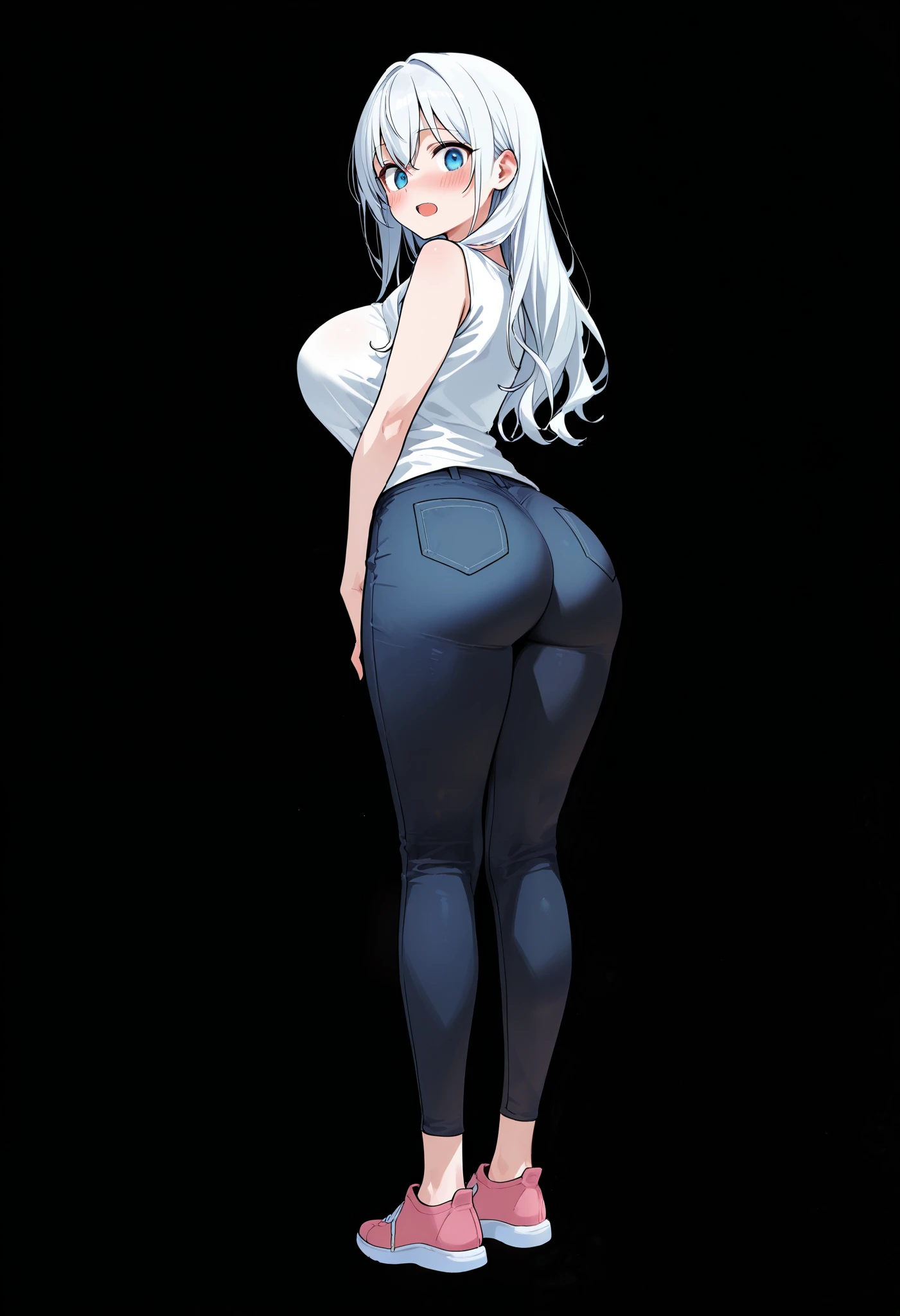  masterpiece ,  better quality, 32 mil,  High resolution , absurdities, Alone,  Open mouth,  looking at the viewer, to smile, 1 ,  Blue Eyes,  short white hair,  big boobs,  big ass , Blush,  full body  ,  black background , camisa branca cobrindo o  full body  