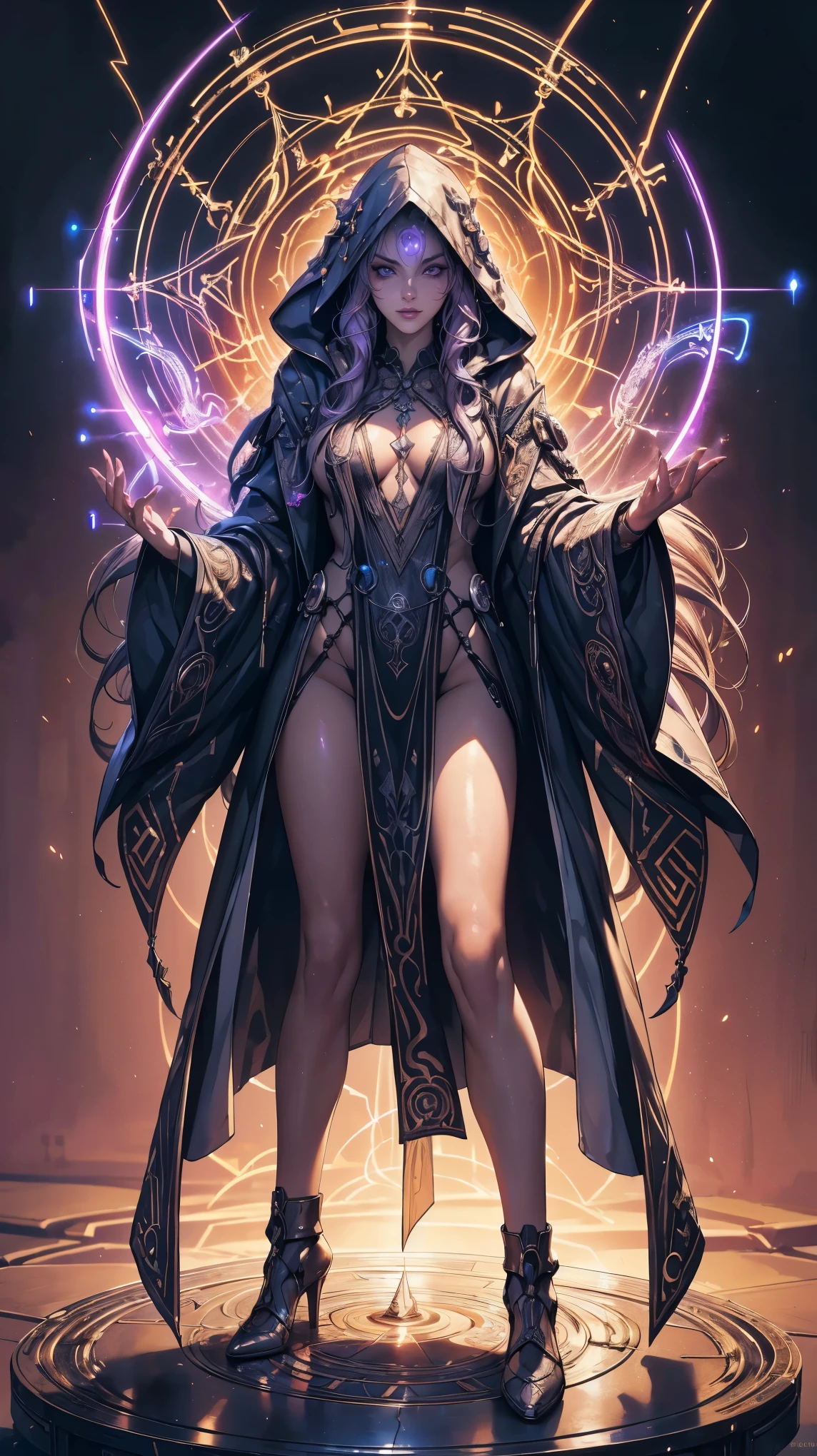 A young girl wizard in cyberpunk style, standing, full body,(masterpiece:1.2, best quality, realistic, raw photo, realism, ultra beautiful digital art, perfect anatomy, fantasy art, ultra detailed, incredibly absurdres, perfect depiction of fingers and hands), (detailed sexy face, detailed narrow sharp eyes, beautiful makeup, long eyelashes, juicy lips, high resolution, detailed depictions of beautiful face), (long hair, wavy), woman in a futuristic, (wearing a hooded intricate mechanical robe with ornate runes, glowing runes on her robe , sexy thigh, short pants, exposed clothes), BREAK (the wizard is generating lightning bowls by ancient magic, much aura), techno-organic circlet, with vibrant orange accents and a purple aura, striking a dramatic, cyberwizard