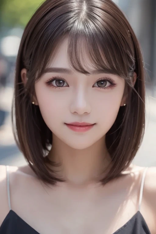 (( top quality, 8k, Masterpiece :1.3)), 1 girl , smile, whole body, Slim face, Pretty Woman, ( Lots of Dark Brown Hair ), long dress :1.1, super detailed face, detail eyes, double eyelids, blur the background , Slim face, city, outside, street,