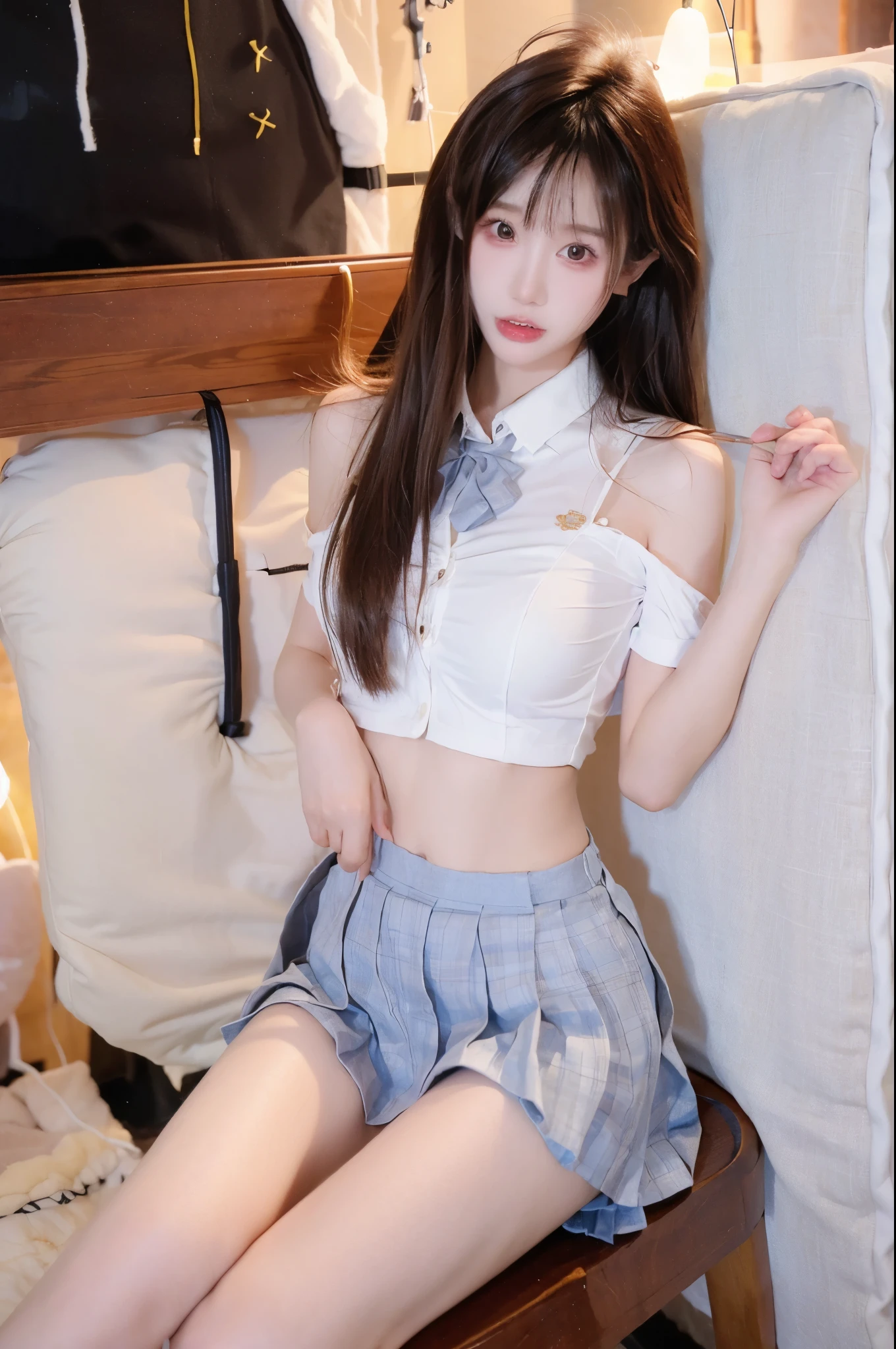  perfect figure beautiful woman：1.4，Layered Hairstyle， Highly Detailed Face and Skin Textures，Double eyelids，Skin Whitening， long hair，Whitening long legs，（School Uniform）