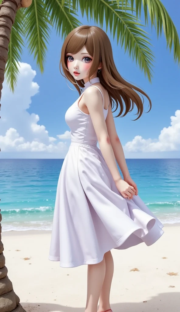 1girl, solo, brown hair, dress, holding, outdoors, sky, day, from behind, white dress, tree, ocean, back, beach, palm tree